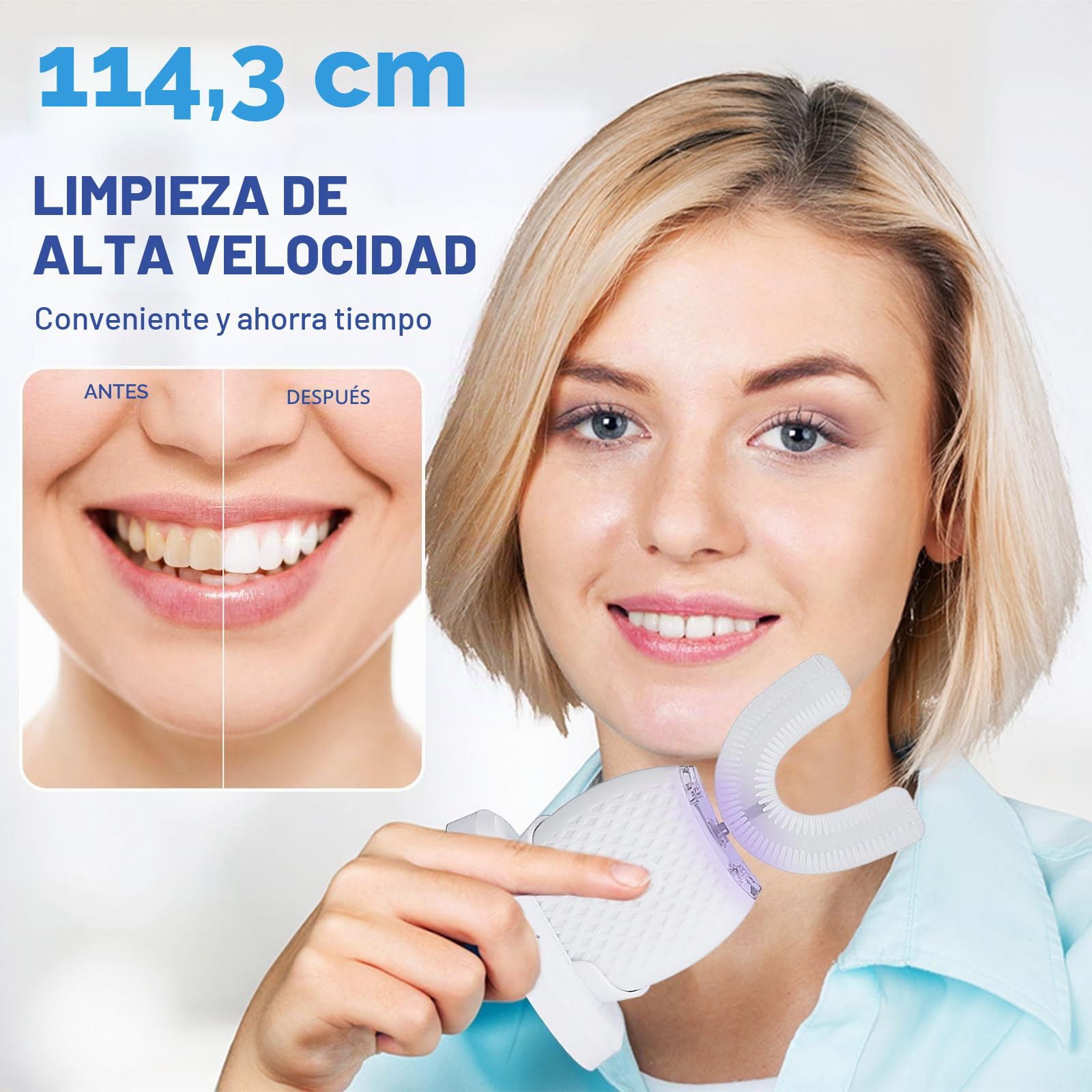 Cepillo de dientes ultrasónico, cepillo de dientes eléctrico ultrasónico automático de 360°, cepillo de dientes eléctrico ultrasónico para adultos con 1 cabezal de cepillo de silicona en forma de U, 3