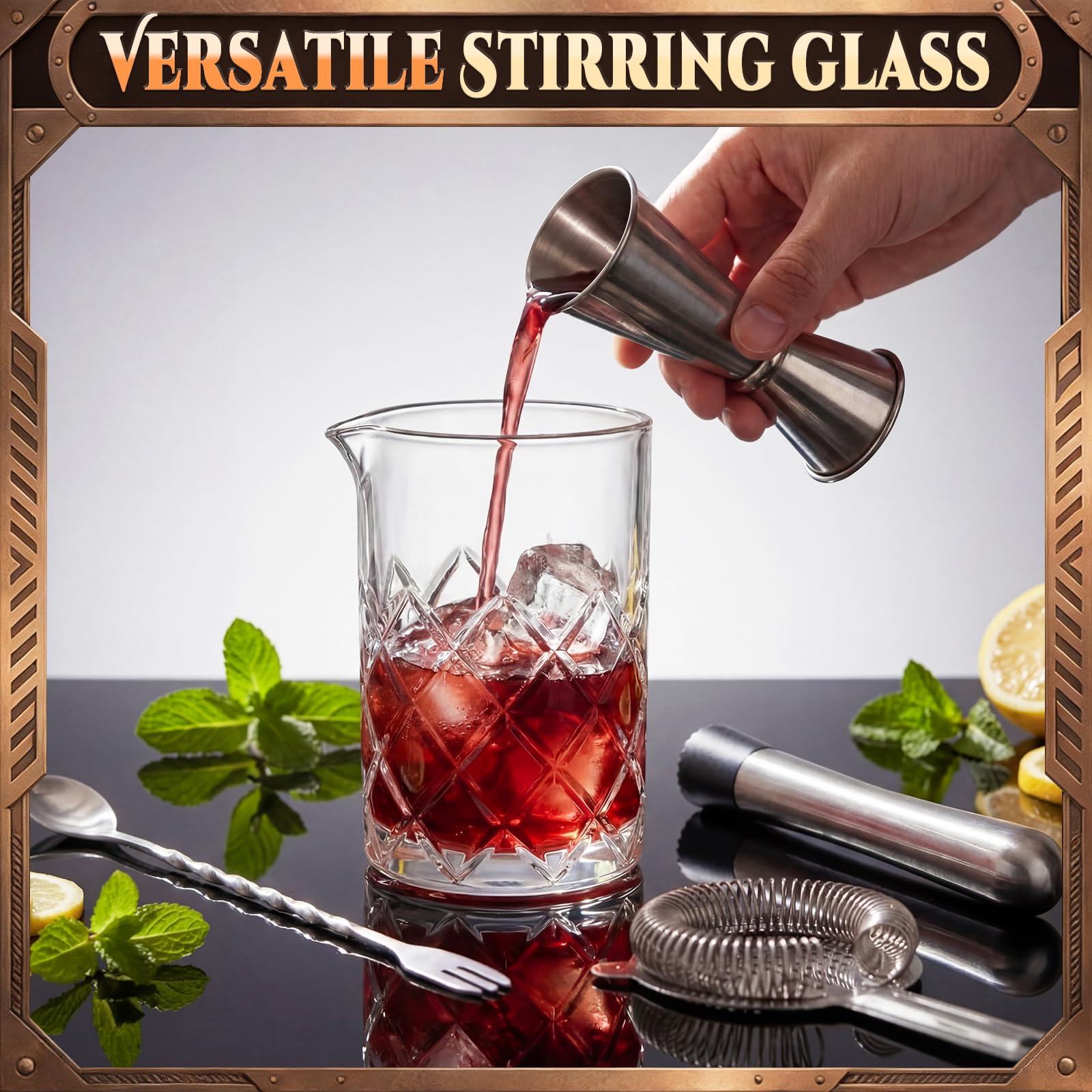 Zhehao Set di 5 bicchieri da cocktail da 652 g, con fondo spesso in cristallo, cucchiaio, misurino, colino e pestello, kit per mescolare cocktail da bar, regali per dilettanti e baristi