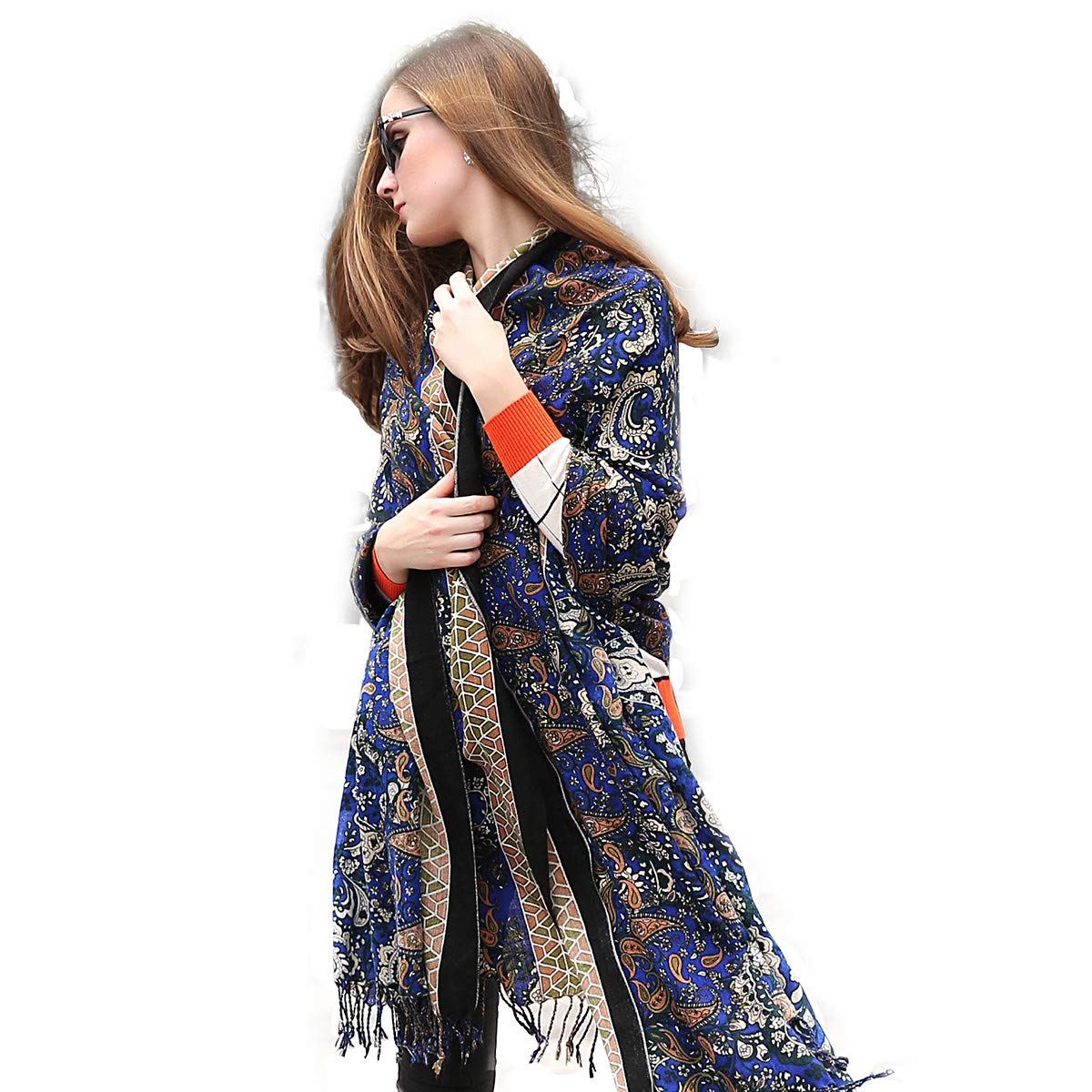 DANA XU 100% Merino Wool Pashmina Shawl for Women 96"x43", Oversized Cashmere Wrap with Tassels, Floral Travel Blanket Cape, Royal Blue Mosaic Paisley, 96 * 43 INCHES