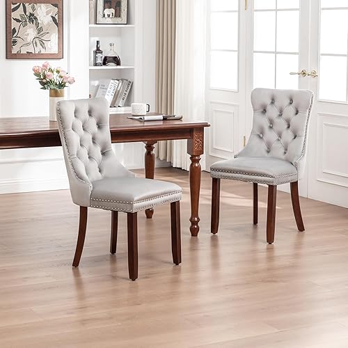 Miniatura 9 de Kiztir Juego de 2 sillas de comedor de terciopelo, sillas de comedor tapizadas con adorno de tachuelas y respaldo abotonado, silla de comedor lujosa