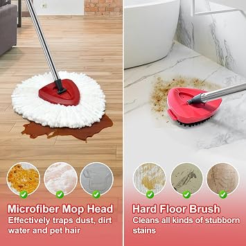 スピンモップハンドルモップヘッド モップベース モップスクラビーブラシ交換セット Ocedar EasyWring 1タンクスピンモップシステムと互換性がありますステンレススチールモップハンドル1セット+ホワイトヘッド2個+ベース1本+ブラシ1個