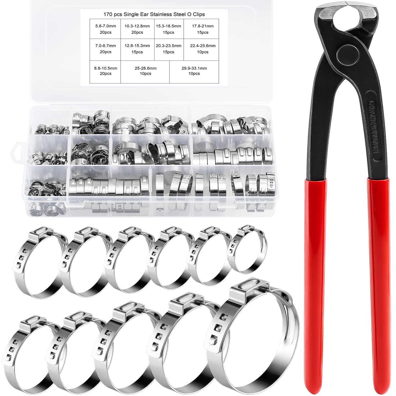 170PCS 304 Stainless Steel Single Ear Hose Clamps, 11Sizes (5.8-33.1mm) Stepless PEX Cinch Clamp Rings Crimp Assortment Kit with Pincer for Tubing