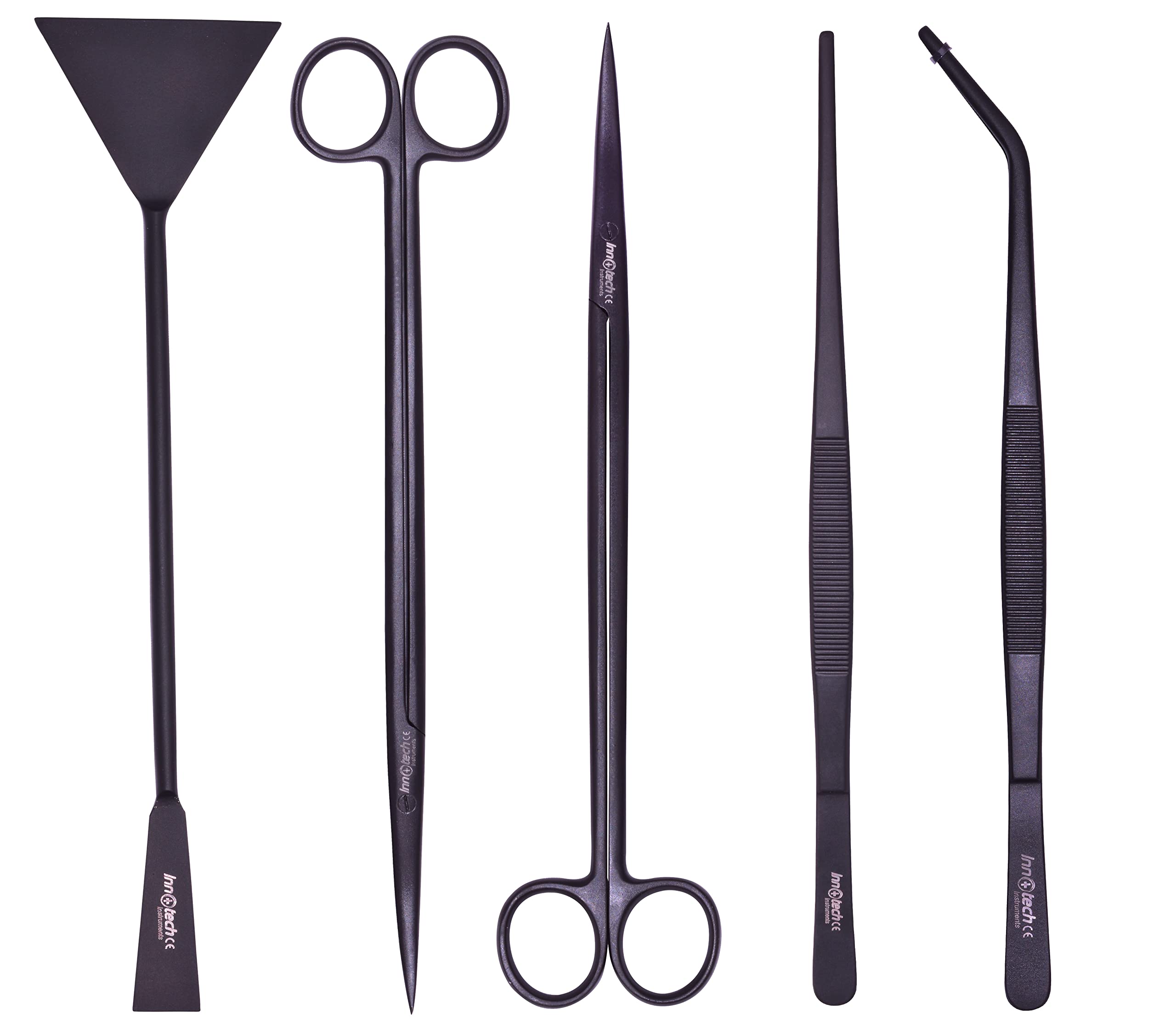 Innotech - Kit de limpieza para acuarios, color negro, juego completo de herramientas para el cuidado del terrario, 5 unidades de acero inoxidable, con estuche de 25 cm