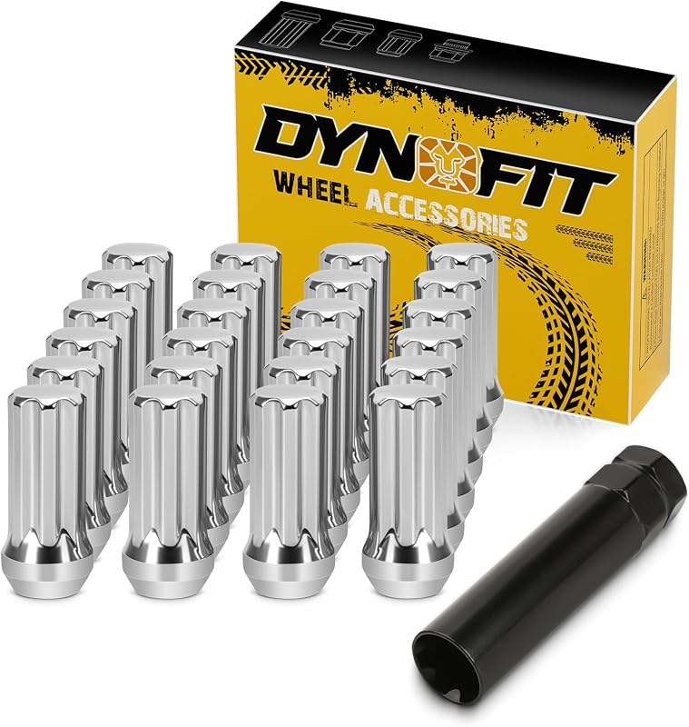 Dynofit 14x1.5 7 Spline Chrome Lug Nuts,for Silverado Ram 1500 F150,24pcs | 7 Spline Drive Wheel Nut, Conical Seat,for Aftermarket Wheels,with 1 Socket Key,for Ford Chevy GMC 6 Lug Wheel Rim