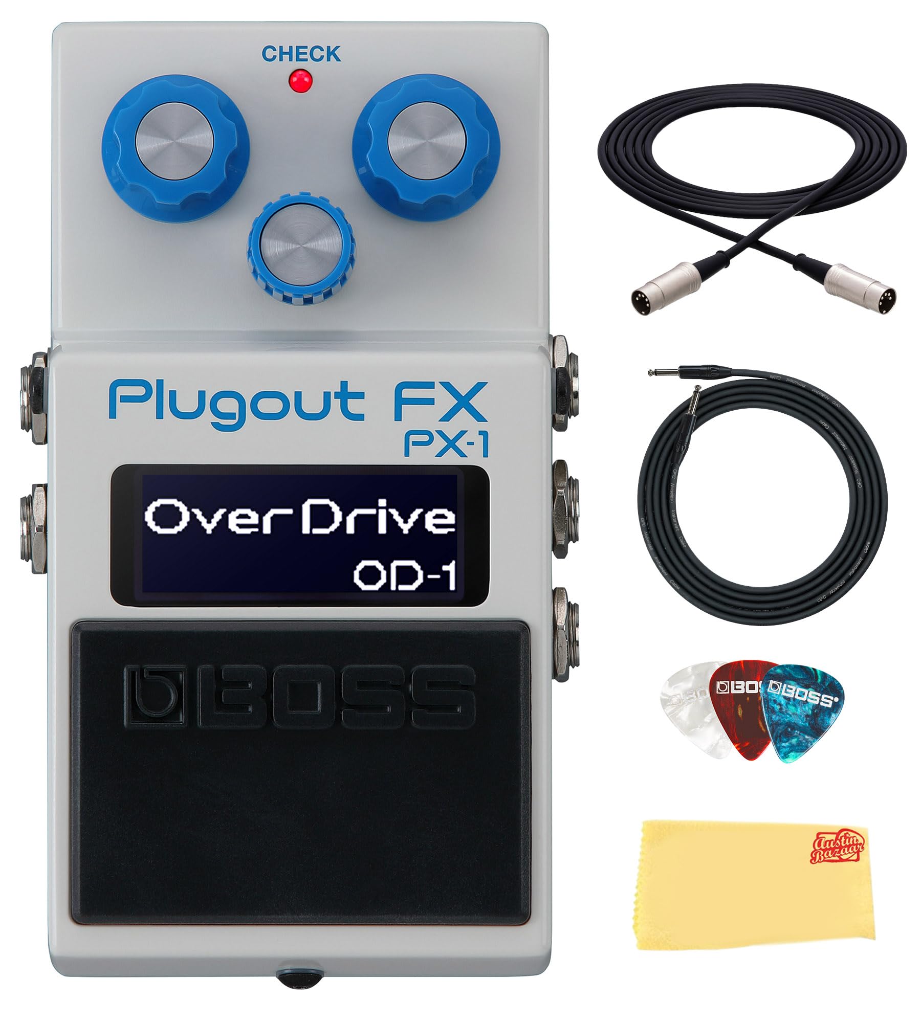 Boss PX-1 Plugout FX Pedal Bundle with Gearlux Instrument &amp; MIDI Cable, Picks, and Austin Bazaar Polishing Cloth