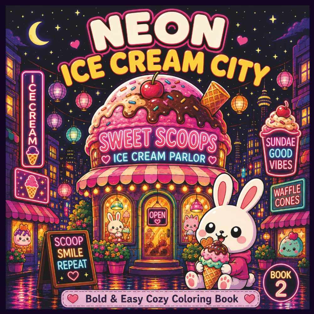 Neon Ice Cream City: Bold & Easy Cozy Coloring Book (Neon Treats Collection)
