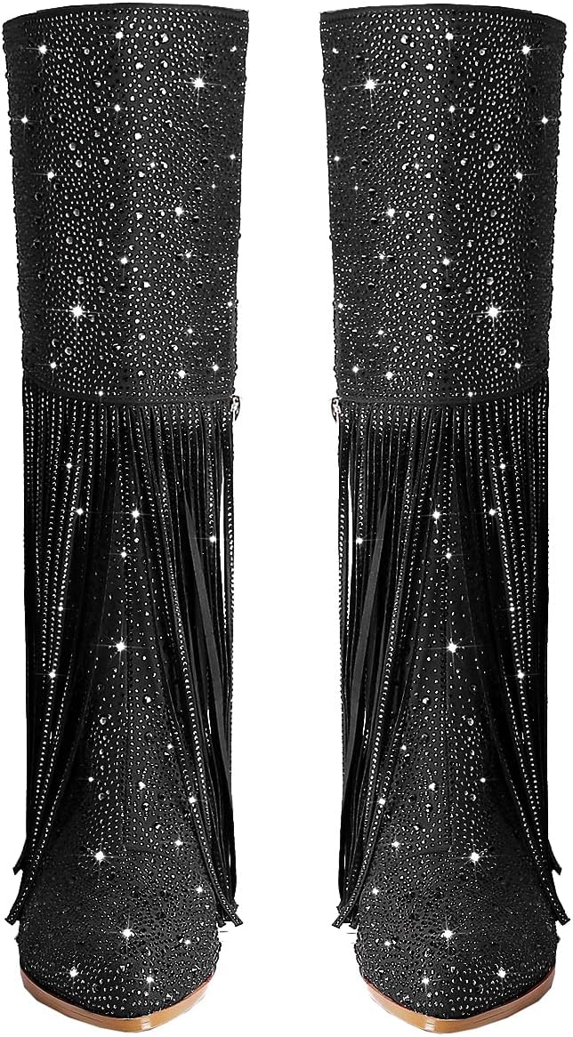 SHODENSE Fashion Rhinestone Boots Women Knee High Western Boots Fringe Low Chunky Stacked Heel Pointed Toe Mid Calf Cowboy Boots Zipper Glitter Tassel Cowgirl Boots Sparkle Dress Boot Fall 4-11 M US