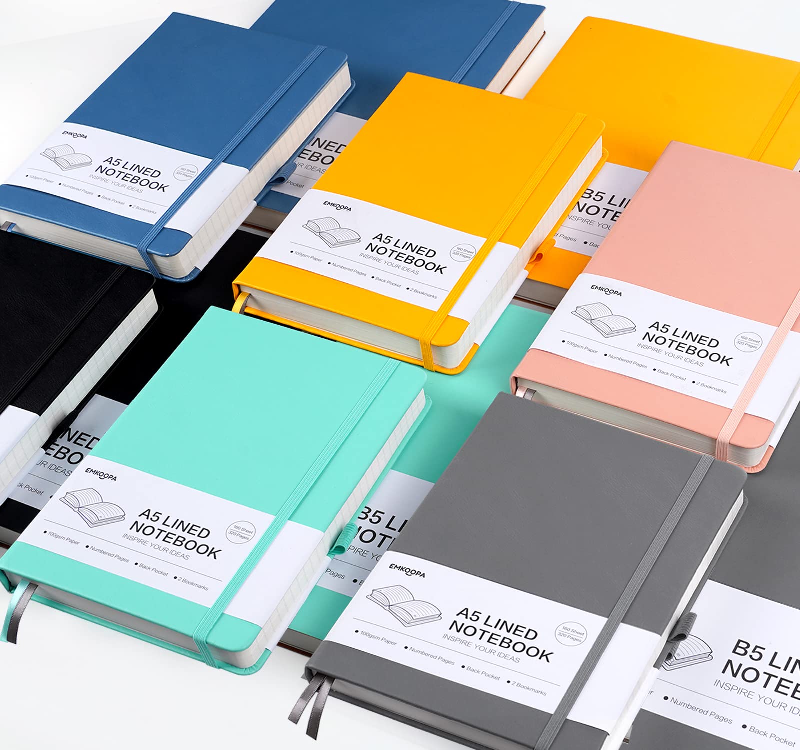 Hartes Notizbuch A5 liniert - Dickes Tagebuch mit 320 nummerierten Seiten, 1 Rückentasche und hochwertigem Hardcover für Frauen und Männer im Büro oder in der Schule, 14,5 x 21 cm (A5-Liniert, Gelb)