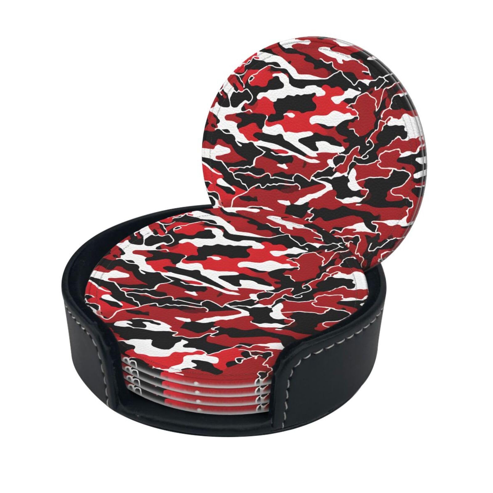 Camo Print Coaster,Round Leather Coasters with Storage Box for Wine Mugs,Cold Drinks and Cups Tabletop Protection (6 Piece)