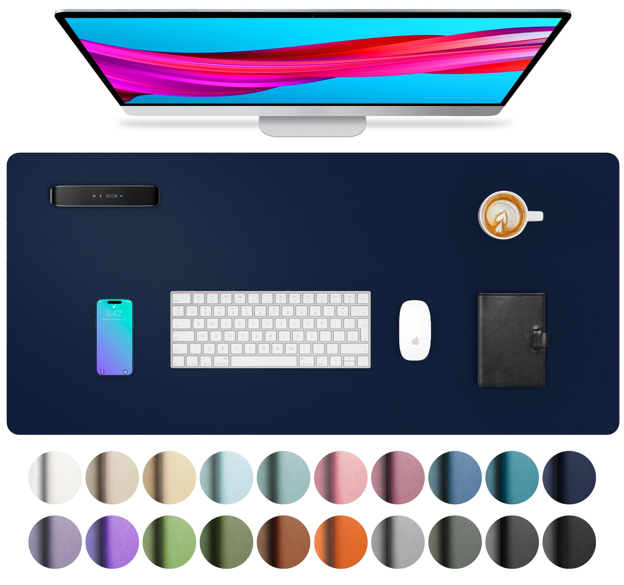 Aothia Leather Desk Pad Protector, Mouse Pad, Office Desk Mat, Non-Slip PU Leather Desk Blotter, Laptop Desk Pad, Waterproof Desk Writing Pad for Office and Home (Dark Blue,23.6" x 13.7")
