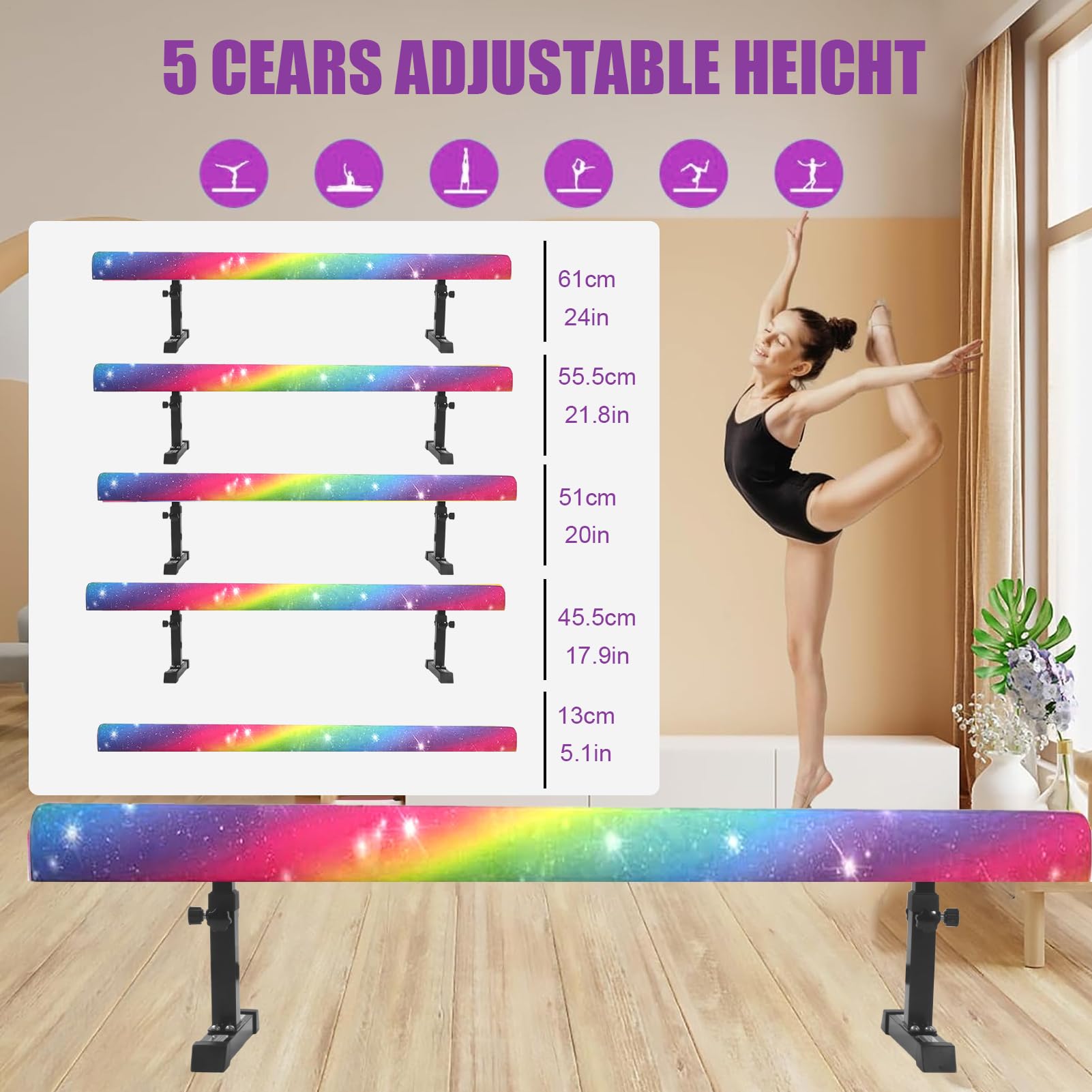 Poutre De Gymnastique De 180 Cm, Hauteur Réglable Sur 5 Niveaux 13 À 61cm, Poutre De Gymnastique Réglable Pour En-fants, Poutres D'équilibre Pour En-fants, Pour La Maison, L'entraînement En Intérieur