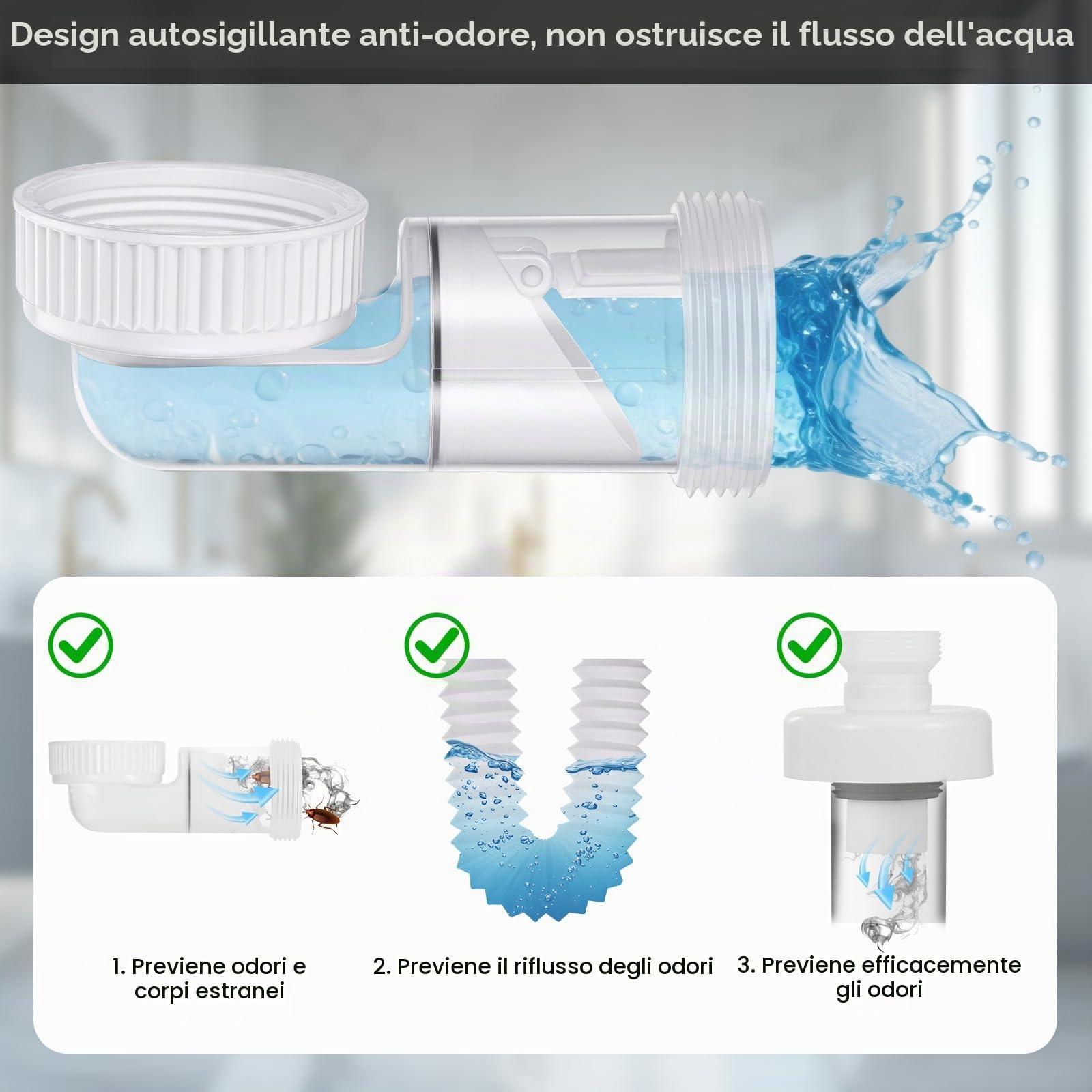 Starvortex Sifone Lavabo Bagno Flessibile, 1 1/4" Sifone Lavello Salvaspazio, Scarico Lavabo Sostituibile, Antiodore Sifone, Tubo Scarico Lavandino Estensibile 320-780mm per Bidet Cucina Bagno, Bianco