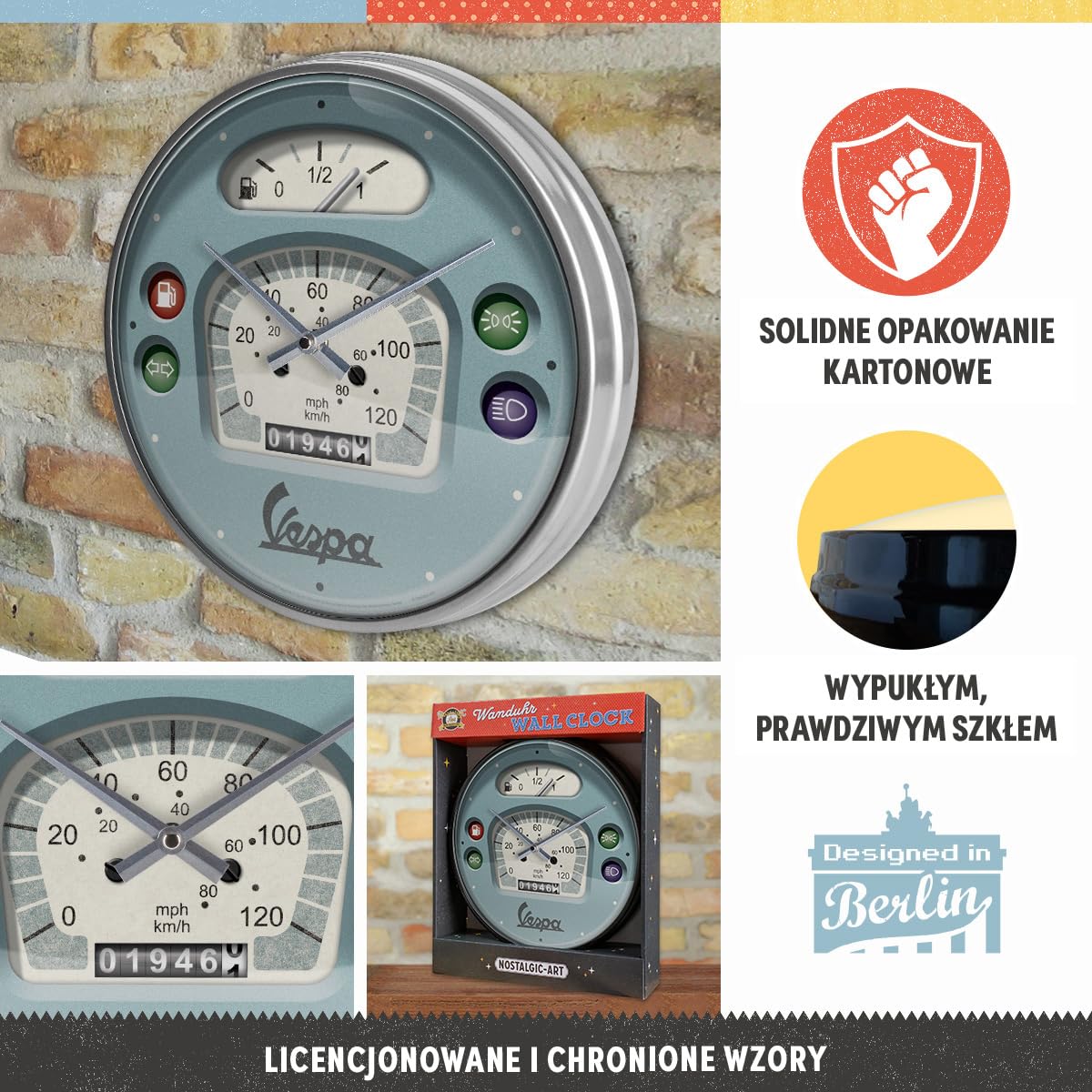 Nostalgic-Art Retro zegar ścienny, Ø 31 cm, Vespa – Tacho – Pomysł na prezent dla miłośników skuterów, Official License Product (OLP), duży zegar kuchenny, Styl vintage