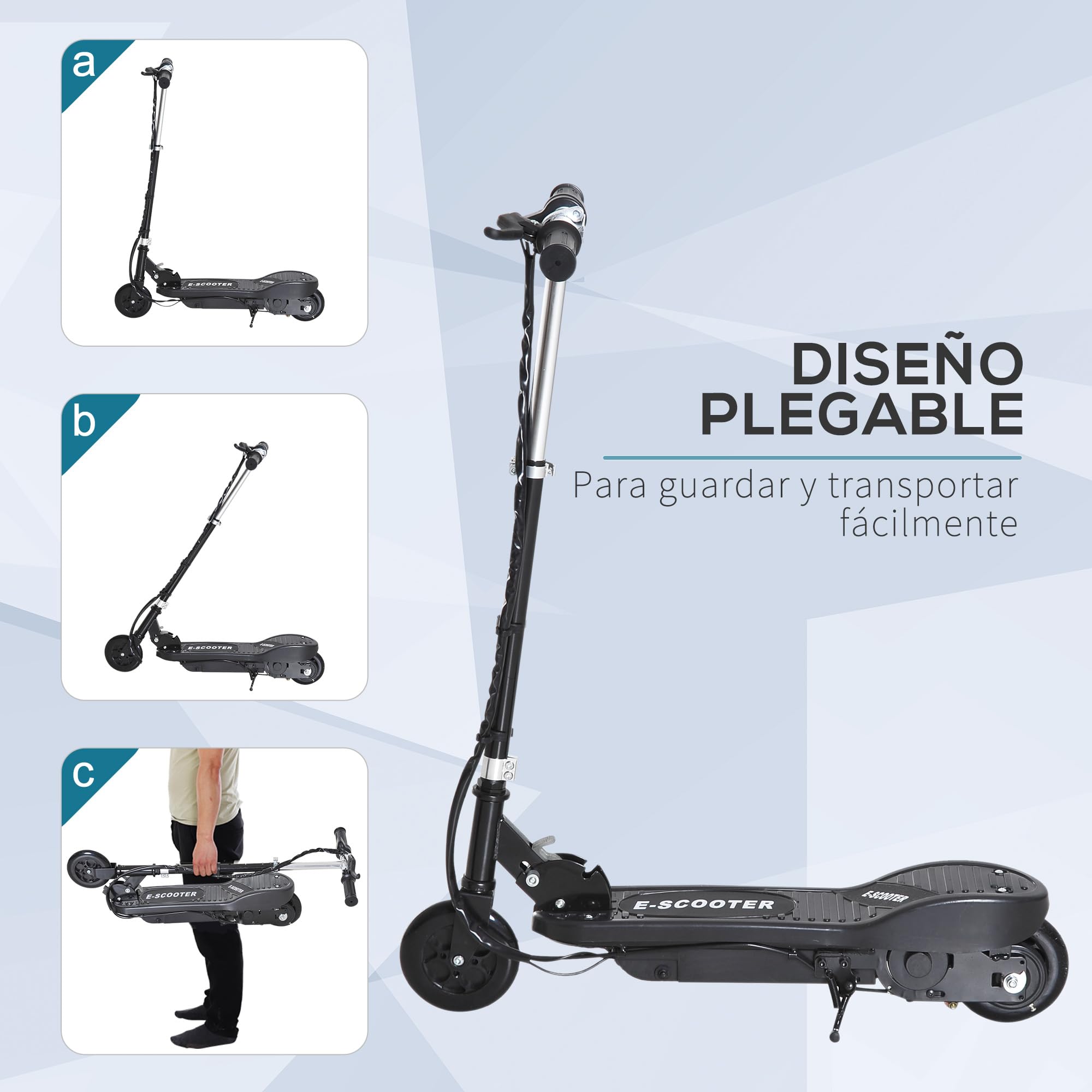 HOMCOM Patinete Eléctrico para Niños de +7 Años Scooter Plegable con Altura Ajustable Batería Recargable 24V Velocidad hasta 12 km/h y Freno Carga 50 kg 74x36x82,5-92,5 cm Negro