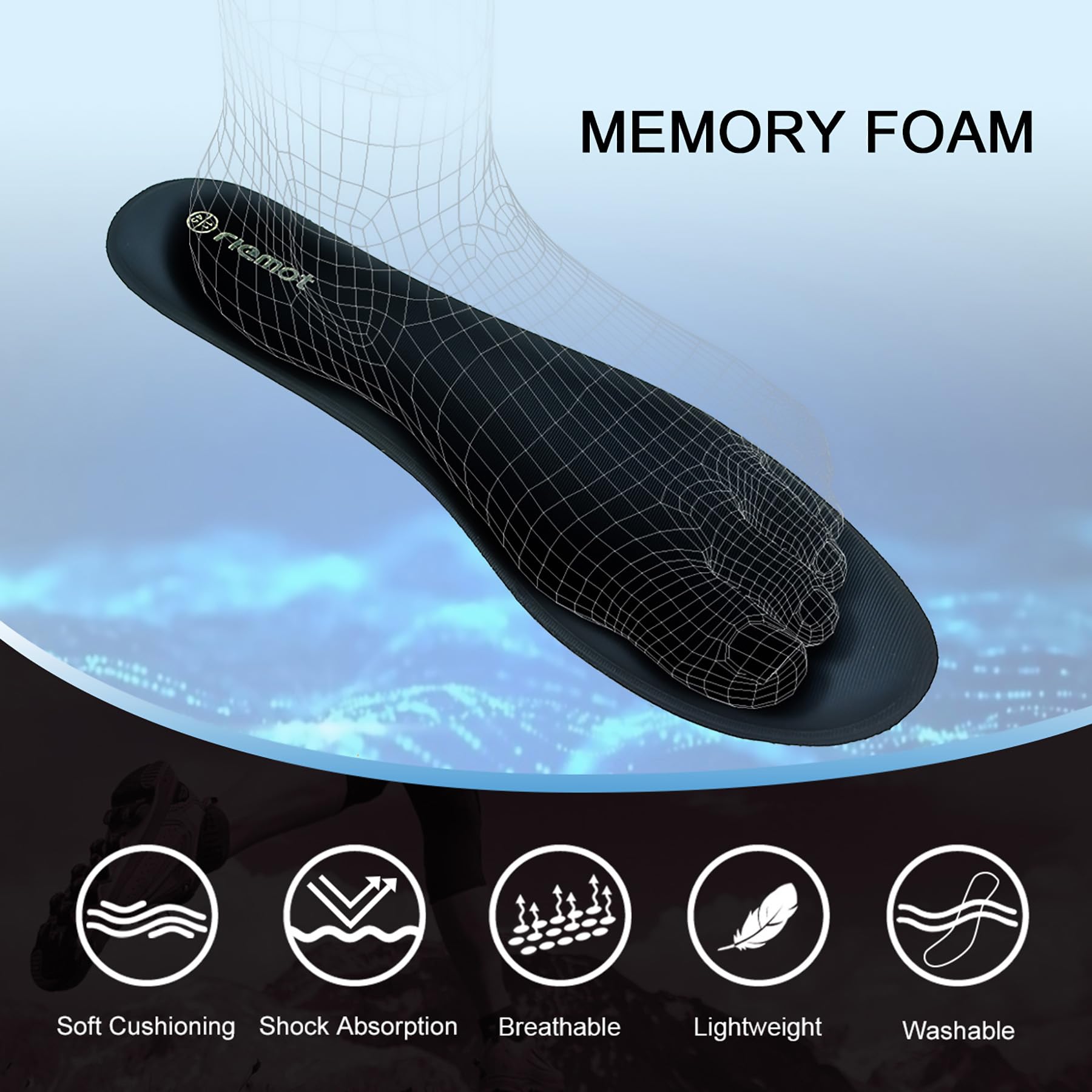riemot Memory Foam Insoles for Men and Women - Replacement Shoe Inserts Comfort Cushioning for Sports Shoes, Trainers, Sneakers, Work Boots and Walking Shoes - 5