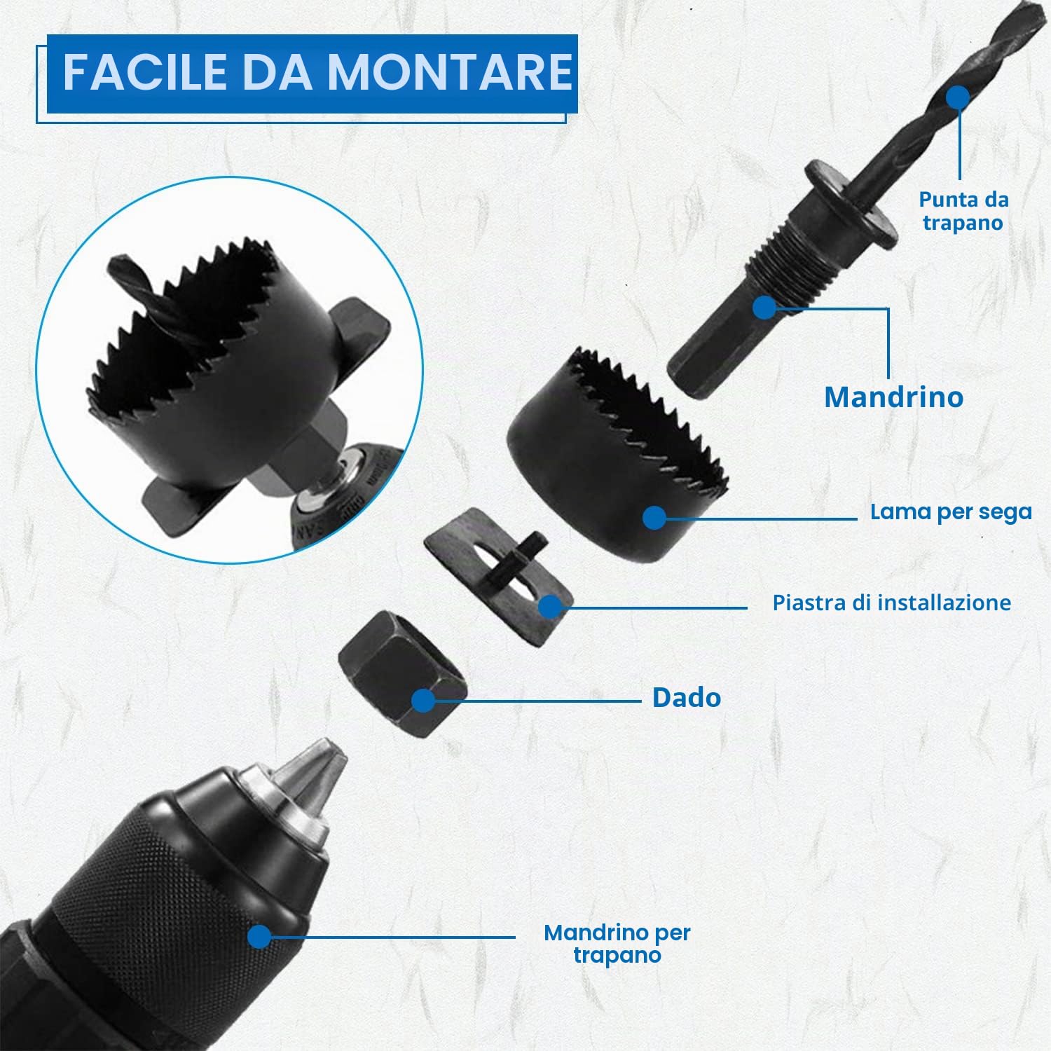 Set di seghe a tazza di alta qualità da 19 pezzi per fori precisi su legno, cartongesso e PVC (1)