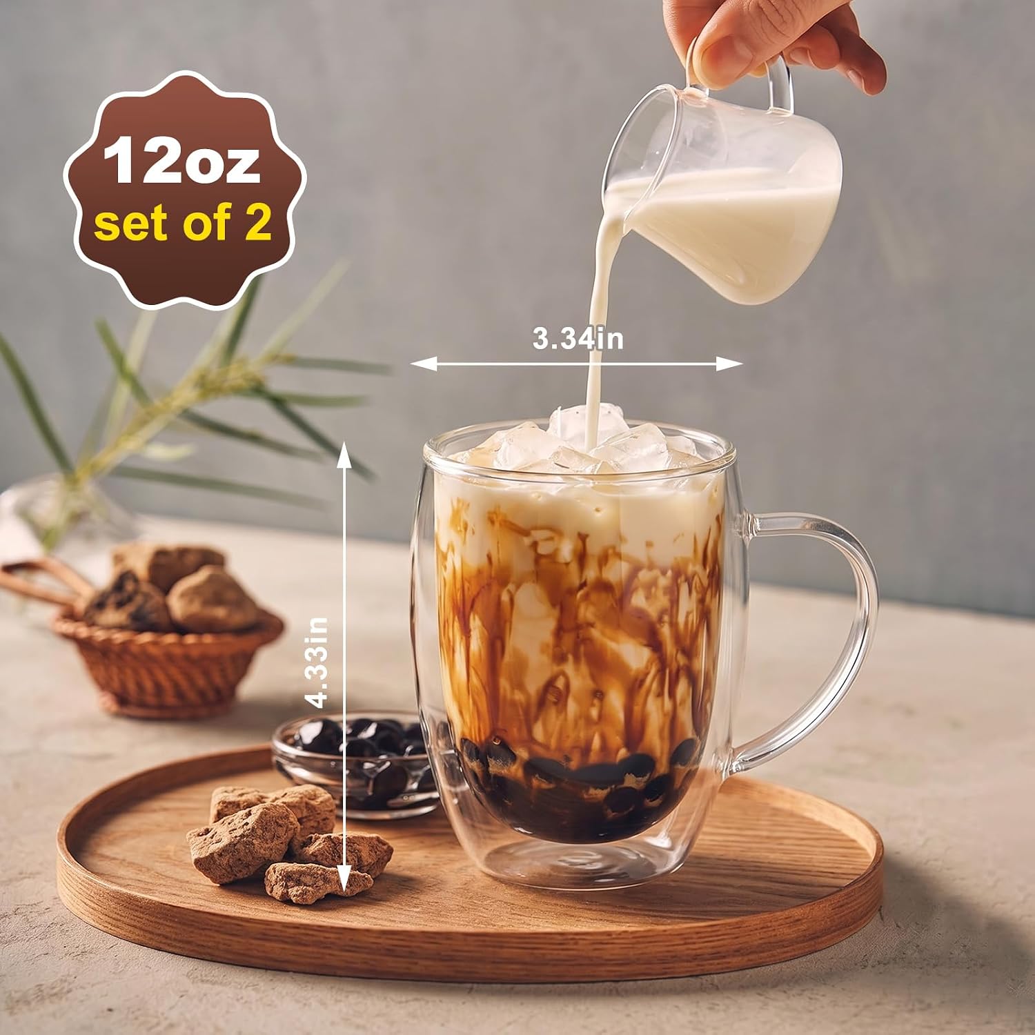 FrutPunch Double Walled Glass Coffee Mugs Set of 2,12 oz Glass Coffee Cups