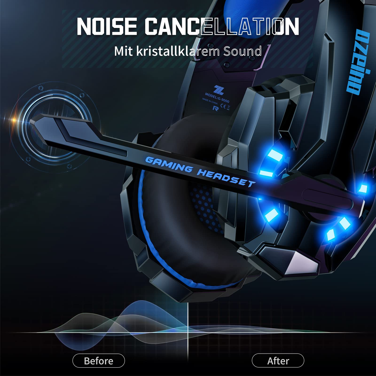 Ozeino Auriculares para Videojuegos para PS4 PS5 3D Surround Sound Cancelling Auriculares con micrófono para PC Xbox One Switch con luz LED