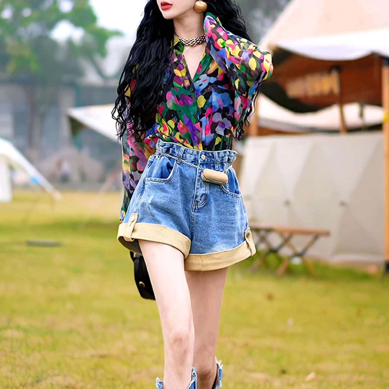 Button Down Shirts for Women Vintage Printed Long Sleeve Blouse Boho Casual Work Tops