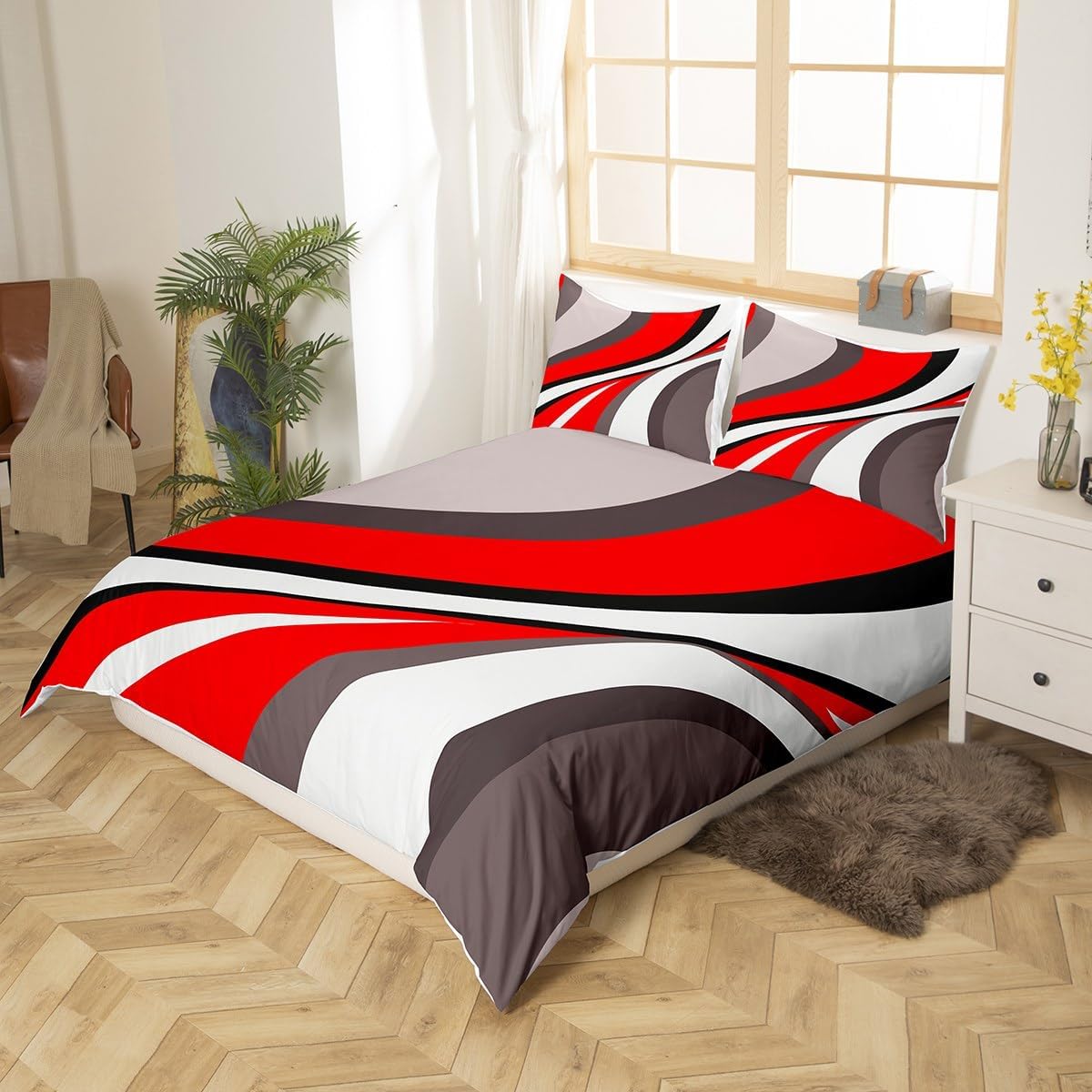 Erosebridal Geometric Bedding Set Twin Size, Girls Red White Grey Swirls Duvet Cover, Patchwork Comforter Cover, Modern Abstract Quilt Cover with 1 Pillow Case Zipper Bedroom Decor