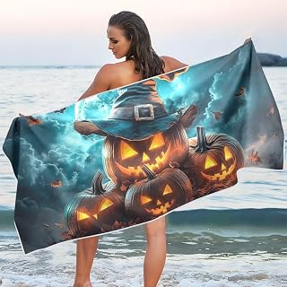 Microfiber Thin Lightweight Beach Towel Scary Pumpkins Hat Moon Quick Dry Pool Towels 30” x 60” Sand Free Absorbent Camping Yoga Towel for Swimming, Picnic, Gym