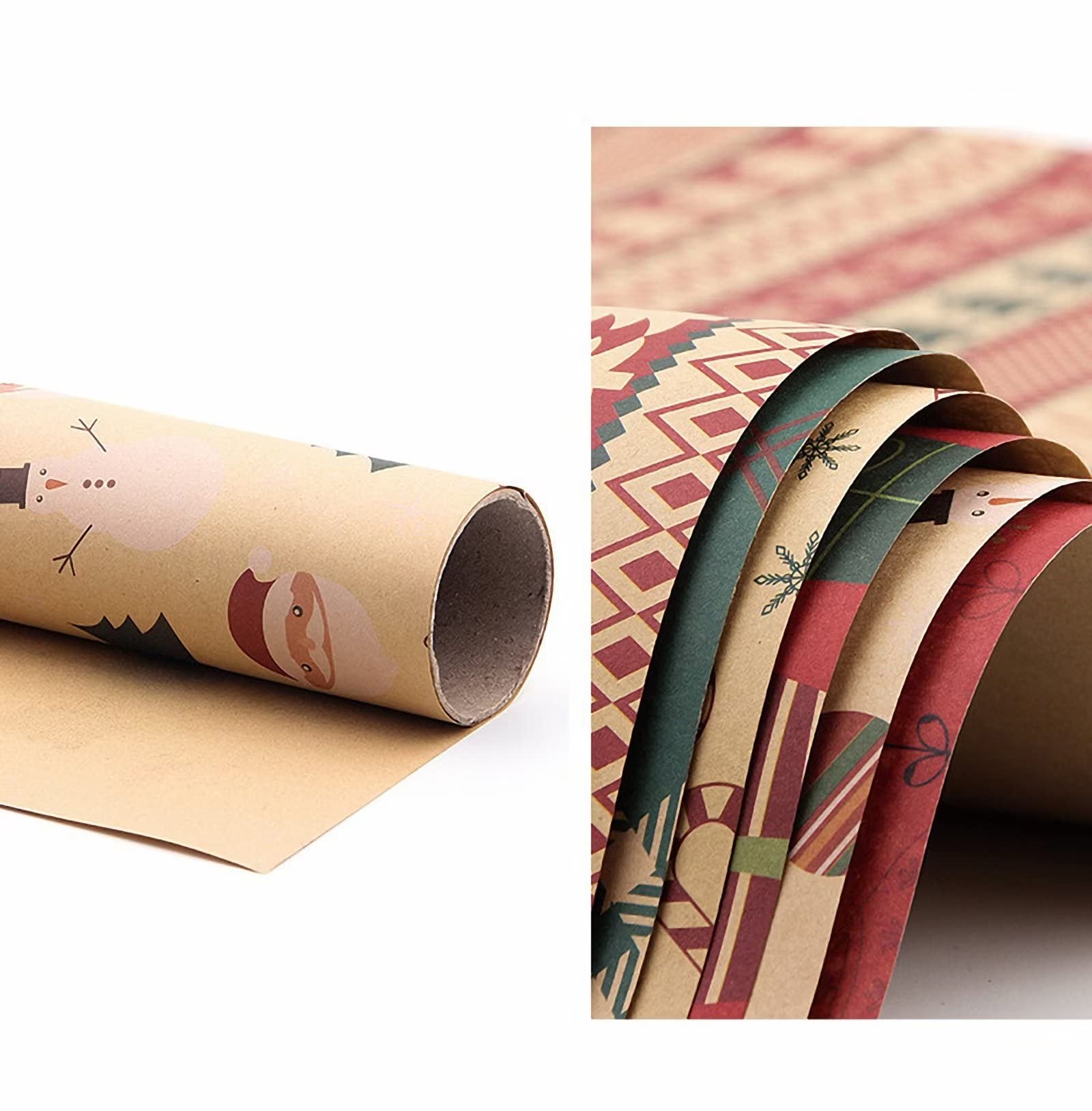 6 Rollen Weihnachts-Geschenkpapier, Kraftpapier, Büffelkariert, Geschenk, Schneeflocke, Ball, Baum, Schneemann, Weihnachtsmann, Geschenkpapier mit Schnur, Aufkleber für Urlaub, Party, 27,6 x 39,3 pro