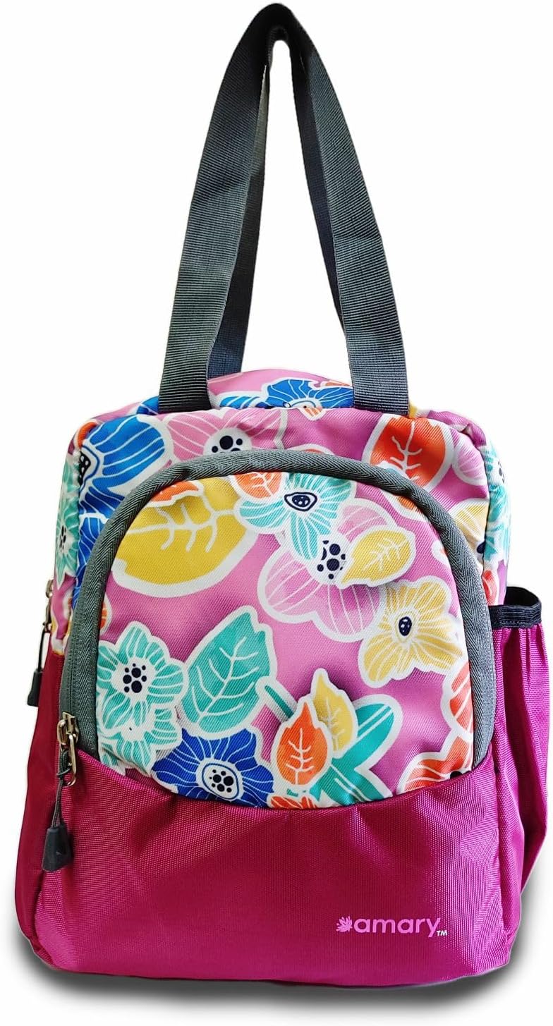 AMARY Spacious Lunch Bag with Front Pockets & Bottle Holder | Lightweight Water-Repellent Material | Multipurpose Tiffin Bag Meal Storage Bag for Office School Travel & Picnic (Flower, Violet)
