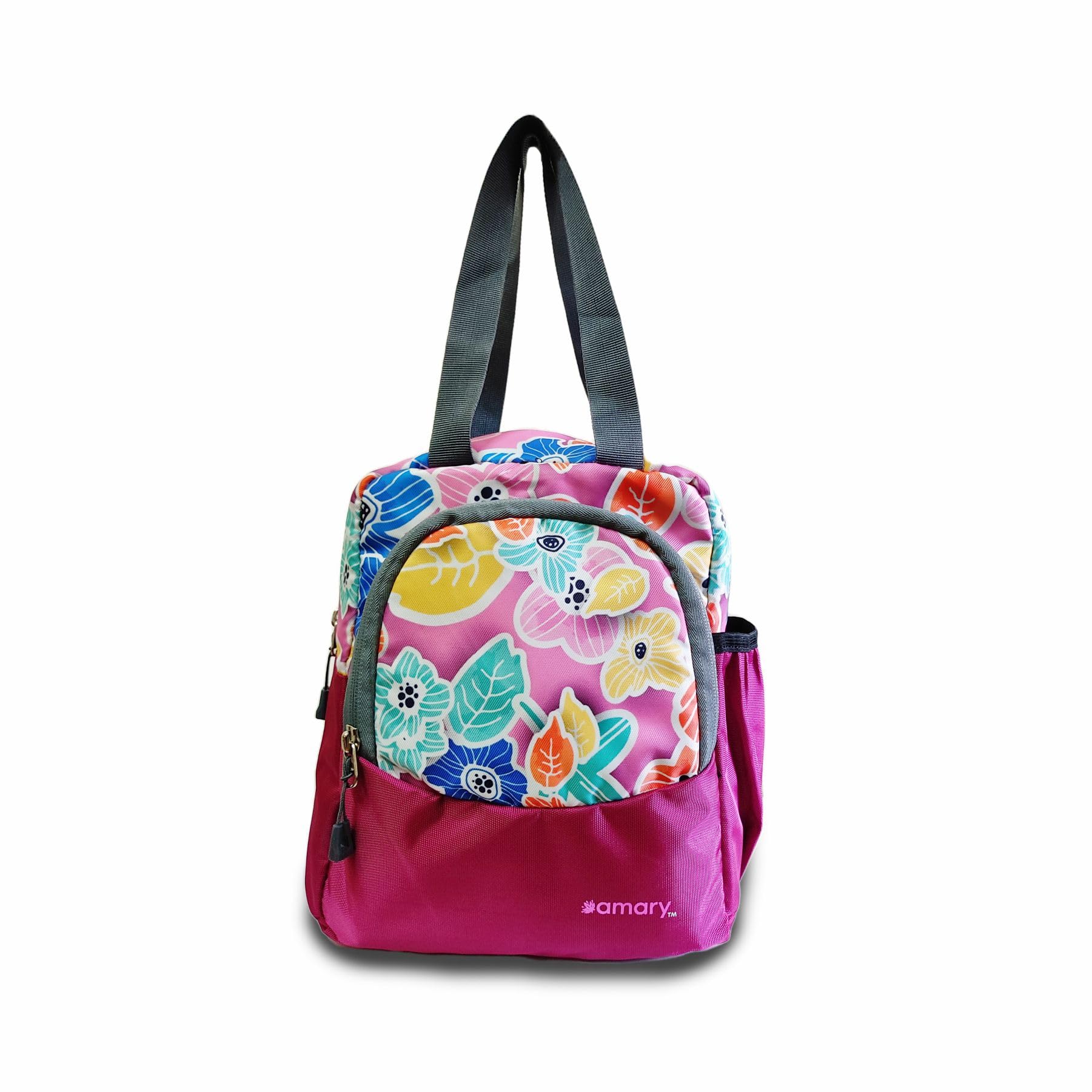 AMARY Spacious Lunch Bag with Front Pockets & Bottle Holder | Lightweight Water-Repellent Material | Multipurpose Tiffin Bag Meal Storage Bag for Office School Travel & Picnic (Flower, Violet)