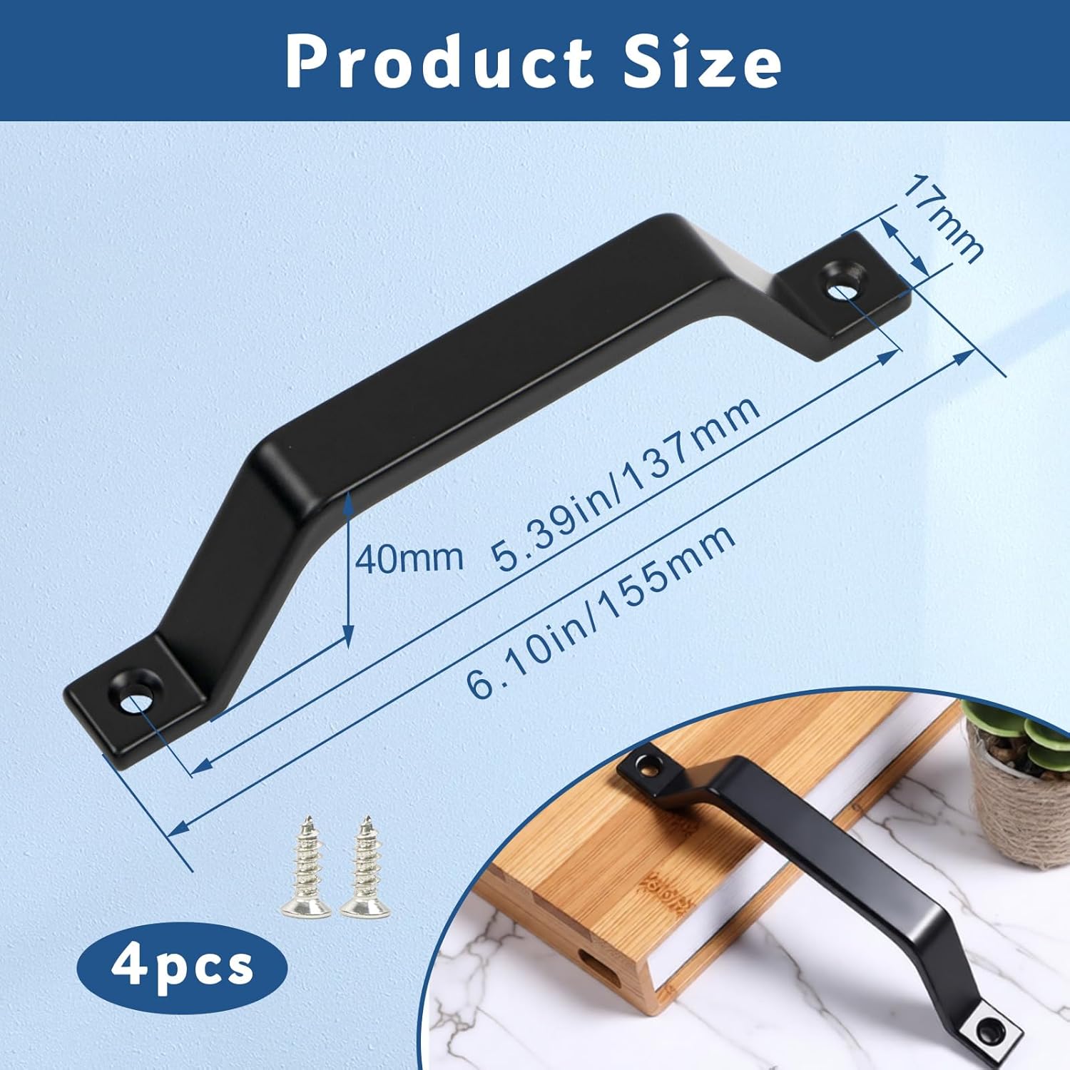 4PCS 6.1Inch Black Door Pull Handle, Metal Sliding Closet Door Handle with Silver Screws Heavy Duty Steel Gate Handles for Drawer, Fence, Cabinet and Outdoor