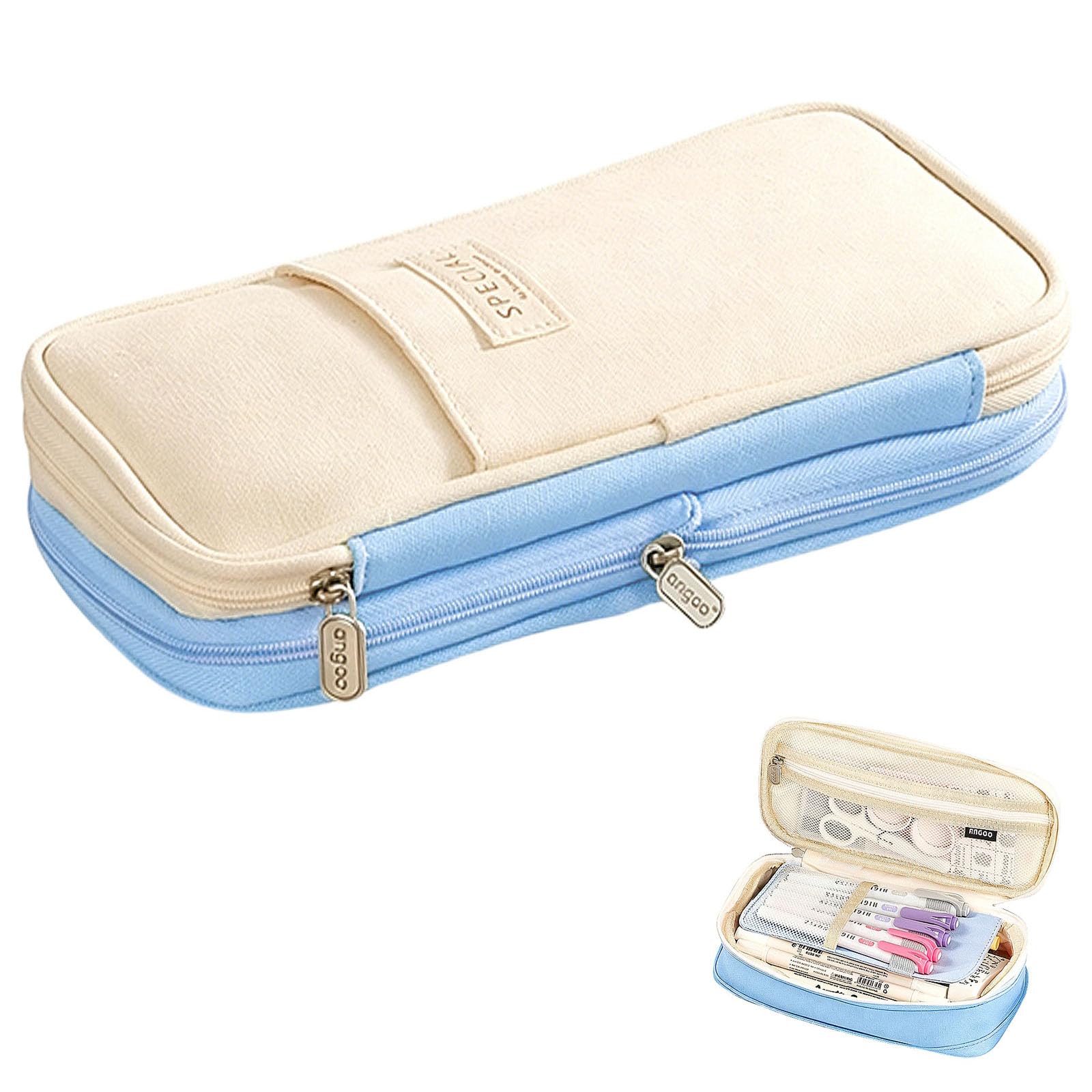 GOZINA Pencil Cases, Expandable Canvas Large Pencil Case with Zipper and Multi-Compartment for Boys Girls Pencil Pouch for School Office Supplies (Blue)