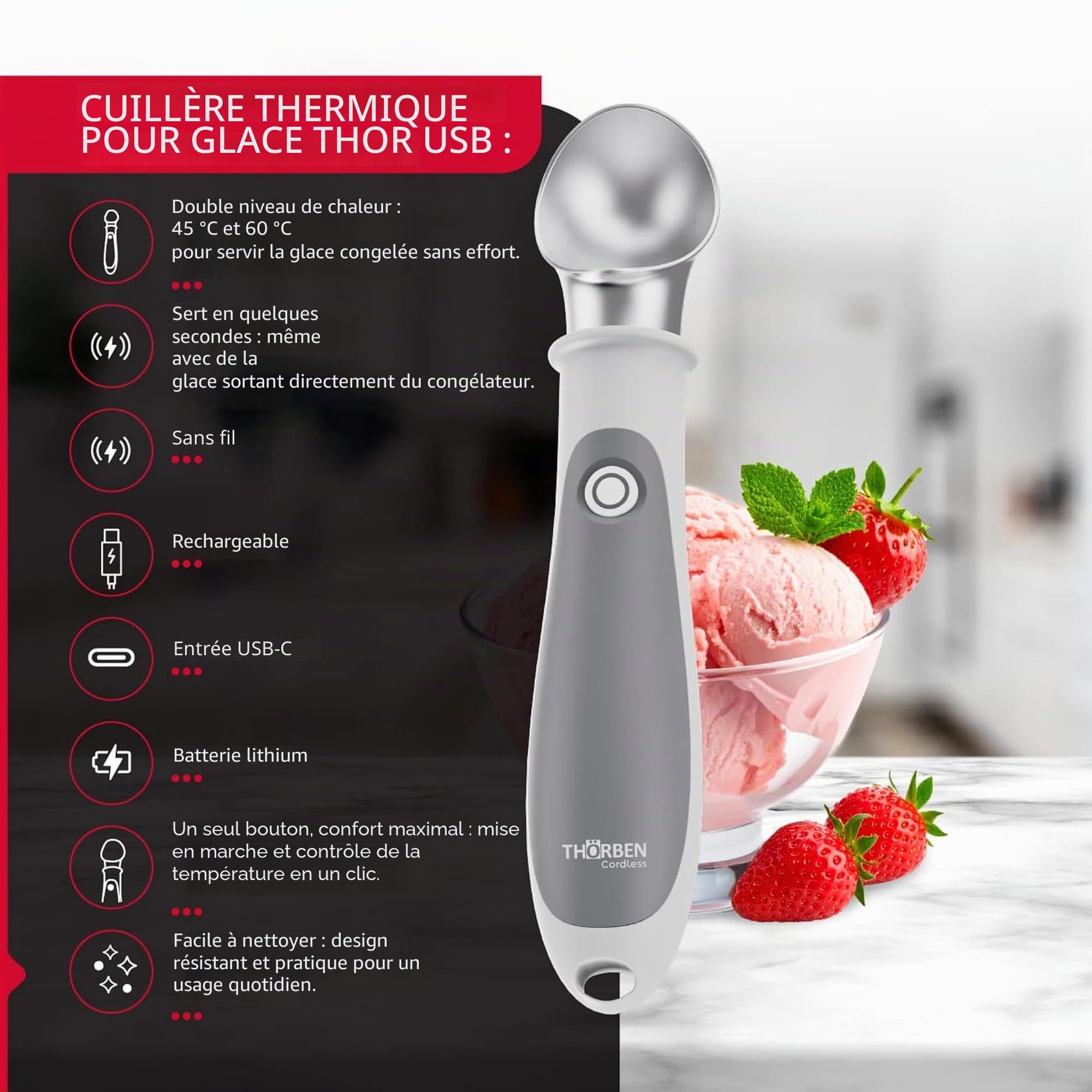 Thörben Cuillère à glace électrique chauffée, rechargeable USB-C, double niveau de chaleur 45 °C et 60 °C, pour prendre de la glace facilement et sans effort, matériaux de qualité alimentaire