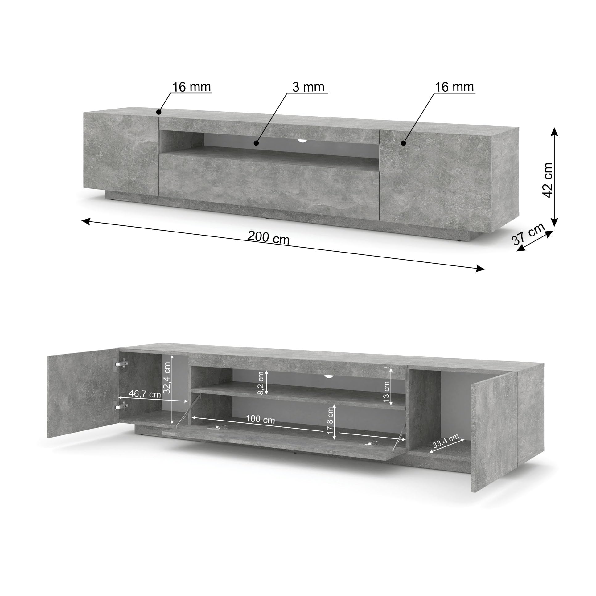 BIM Furniture Lowboard TV 200 cm - Universell Sideboard mit Laminierten Fronten und LED, Hängend oder stehend - Fernsehschrank HiFi Schrank fürs Wohnzimmer Beton