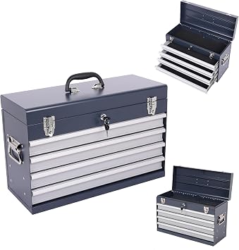 21" Portable 4 Drawer Steel Toolbox, 5 Layers of Tools with Metal Latches, with Top Storage Tray and Carrying Handle, Multi-Function Tool Chest for Garage, Home,or Workbench