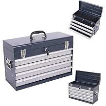 Heavy Duty Metal Tool Box, 21-Inch Portable Tool Chest with 4 Drawers, Locking Steel Organizer with Ball Bearing Slides & EVA Liners for Garage, Truck, and Auto Mechanic Antique Grey