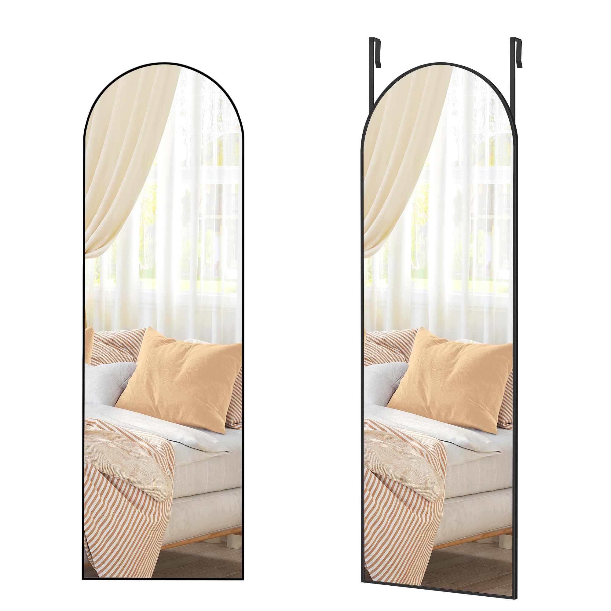 SONGMICS Full Length Hanging Mirror, 120 x 40 cm, Arched Full Body Mirror, Over the Door or Wall Mounted Mirror, Tempered Glass, for Bedroom, Living Room, Cloakroom, Ink Black LFM033B01