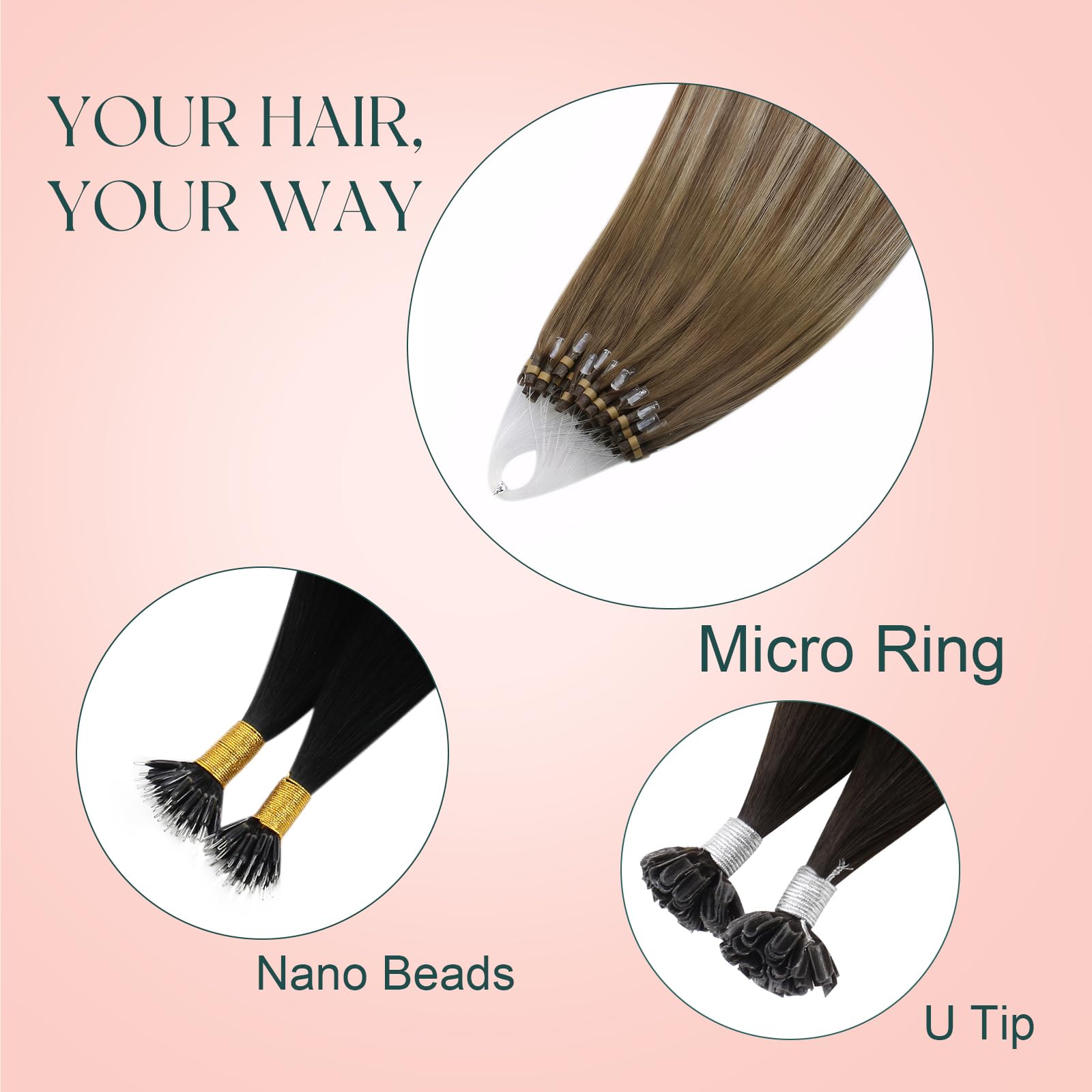 Easyouth Balayage Micro Ring Hair Extensions Ombre Human Hair Micro Beads Hair Extensions Real Human Hair Dark Brown to Light Brown and Medium Blonde Micro Link Human Hair Extensions 16 Inch 50g/50s — view 6