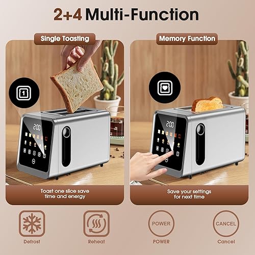 Miniatura 7 de Tostadora de pantalla táctil de 2 rebanadas, tostadoras digitales inteligentes de acero inoxidable con tostada de una sola ranura, función de