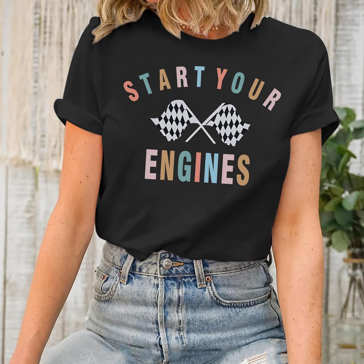 Vintage Racing Shirt Checkered Flag Graphic Tees Womens Start Your Engines Tshirt Race Day Shirts Short Sleeve Tops - Image 2