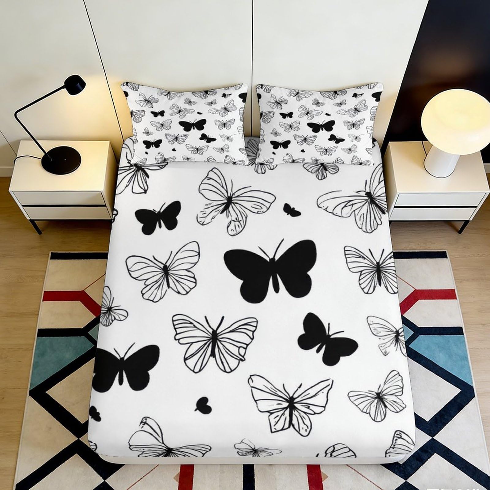 3D Printed Black and White Butterfly Fitted Sheet Microfiber Soft Breathable Monochrome Bed Sheet Mattress Cover for Bedroom Dormitory Guest Room Protection 90x200x25cm