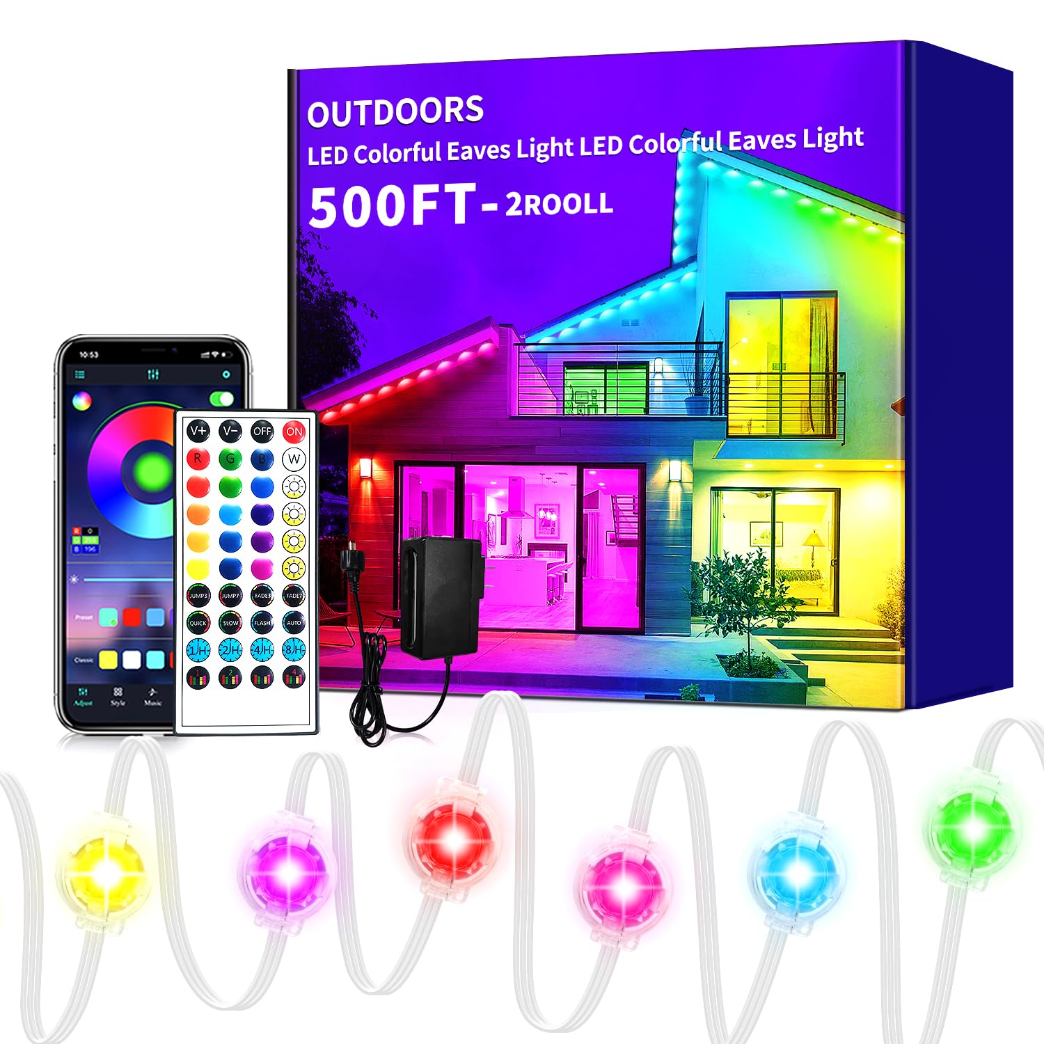 Yocrostar 500ft Permanent Outdoor Light,RGB Eave Lights Music Sync IP67 Waterproof Outdoor Eave Lights Lighting, can be Used for Garden,House,Party,Holiday Decoration（2 Rolls of 250ft）