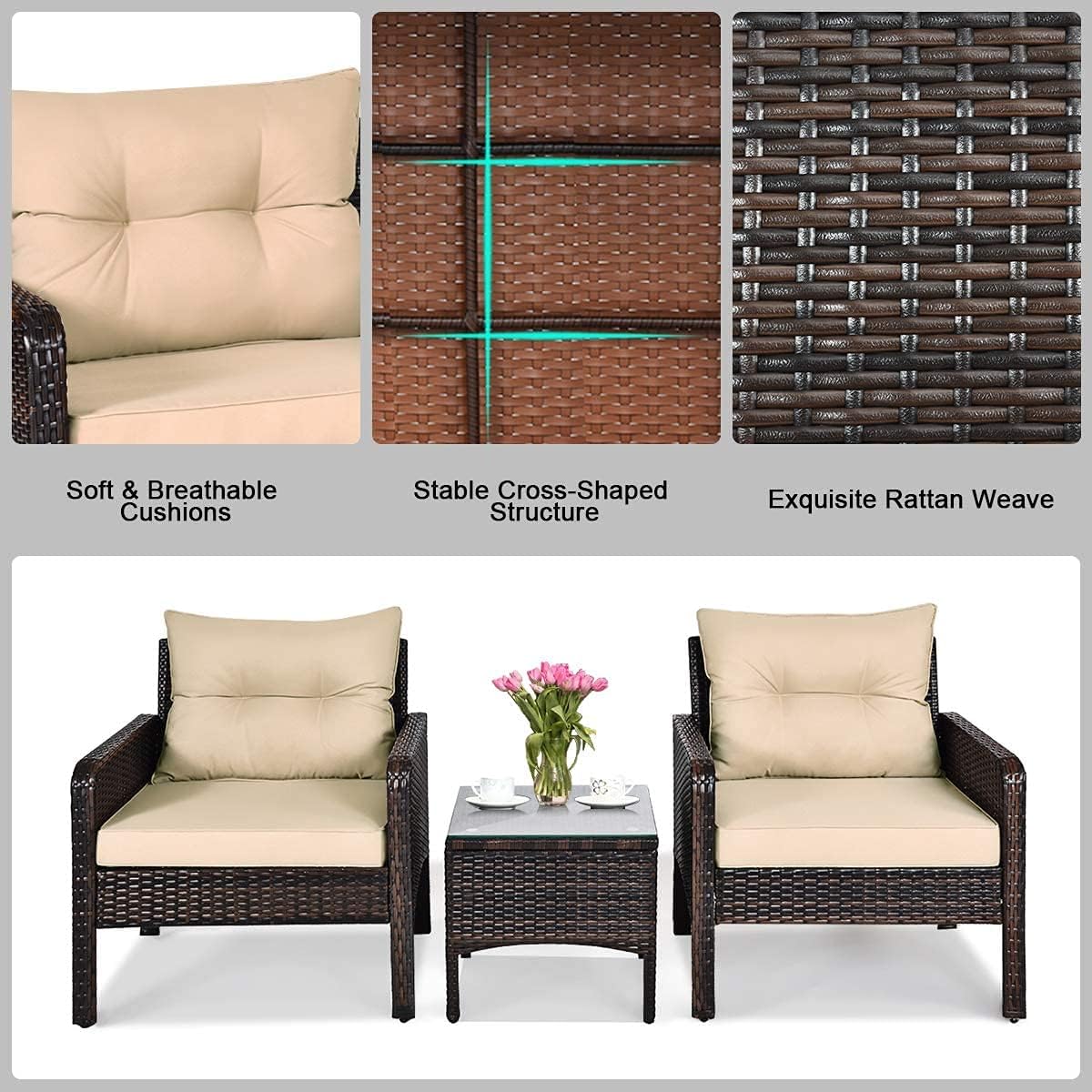 Rainfally 3-Piece All Weather Wicker Patio Furniture Set, Wicker Patio Furniture Set w/Cushions & Coffee Table, Outdoor Rattan Sofa Conversation Set for Garden Lawn Poolside Backyard, Brown+Beige