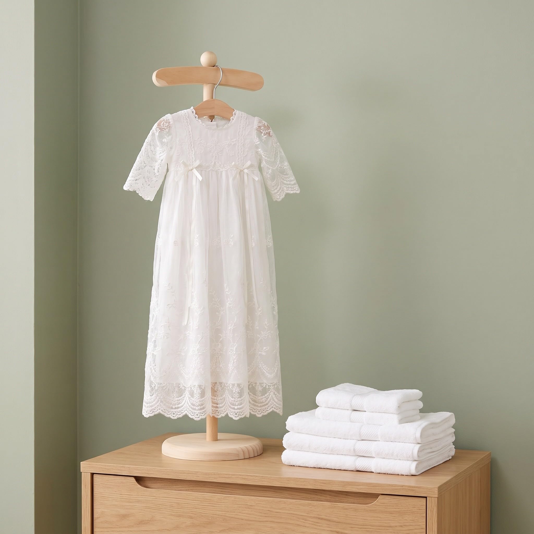Lurrose Expositor de Ropa de bebé, Estante de Madera Natural, Regalo, Expositor rústico de Vestidos de muñeca para Centro de Mesa de Baby Shower para Vendedor minorista, 63,5 cm de Alto, Beige