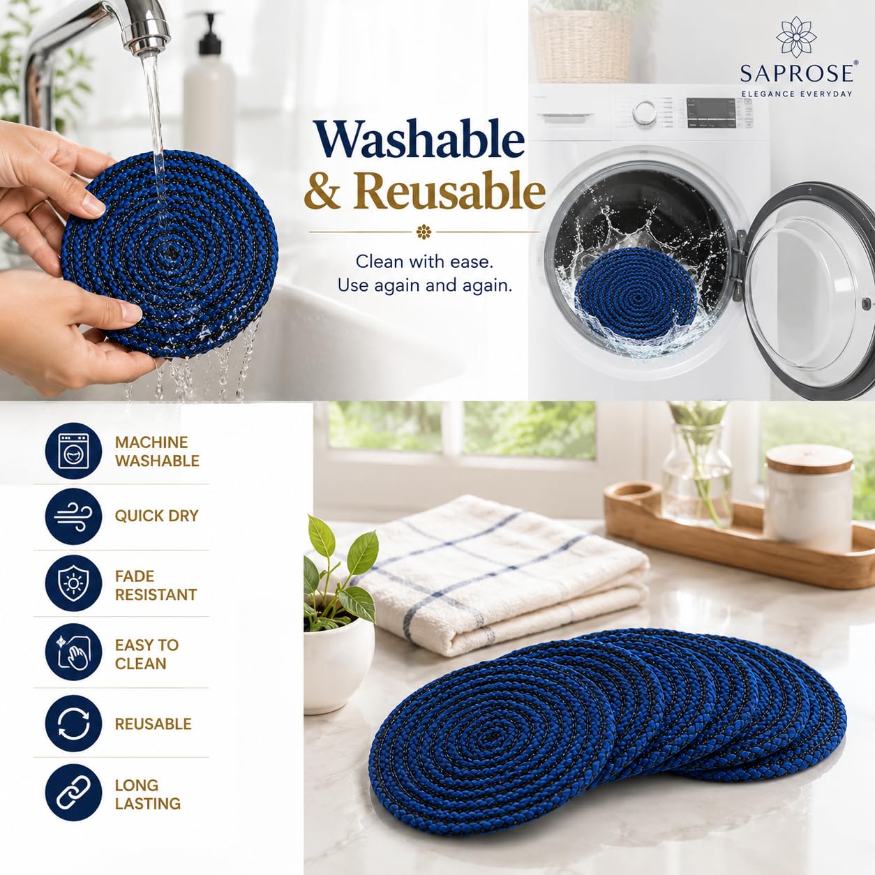 SAPROSE® Polypropylene Round Coaster Set (Pack of 6), Heat Resistant Dining & Kitchen Mat, Machine Washable Absorbent Size: 5 inch Diameter (Blue-Black Melange) 4