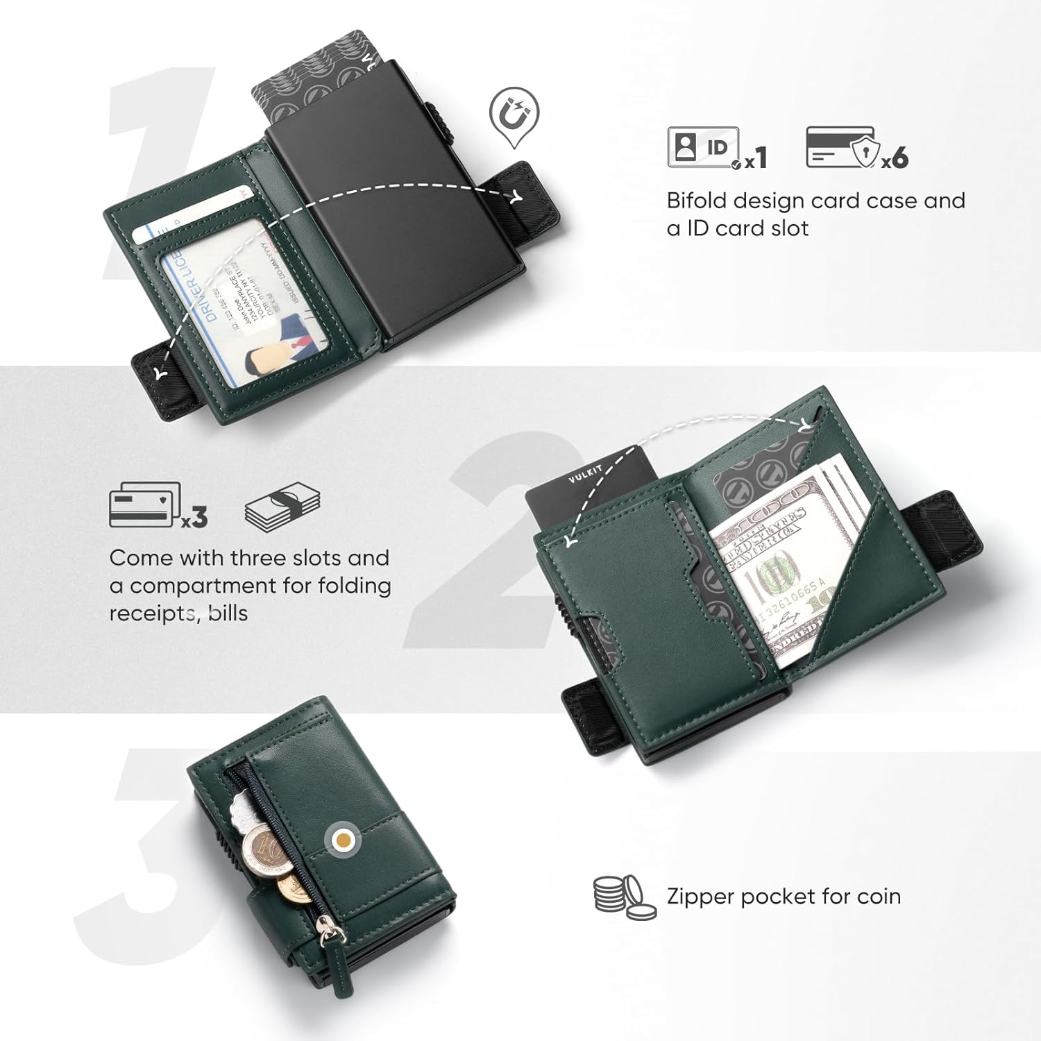 VULKIT Card Holder Bifold Pop Up Leather Wallet for Men RFID Blocking Metal Card Case, Holds 9 Cards and Banknotes Green - Image 2