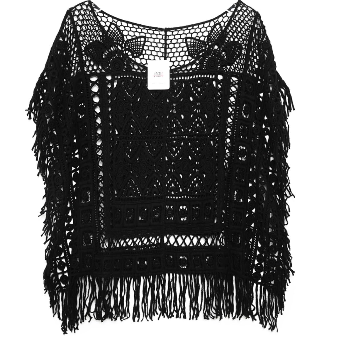 Top con Frange Jastie Boho Crochet Chic Top in Pizzo con Nappe e Maniche a Pipistrello, Camicia Casual da Spiaggia, Traforata, con Ricamo Floreale, da Donna per Le Donne(Black)