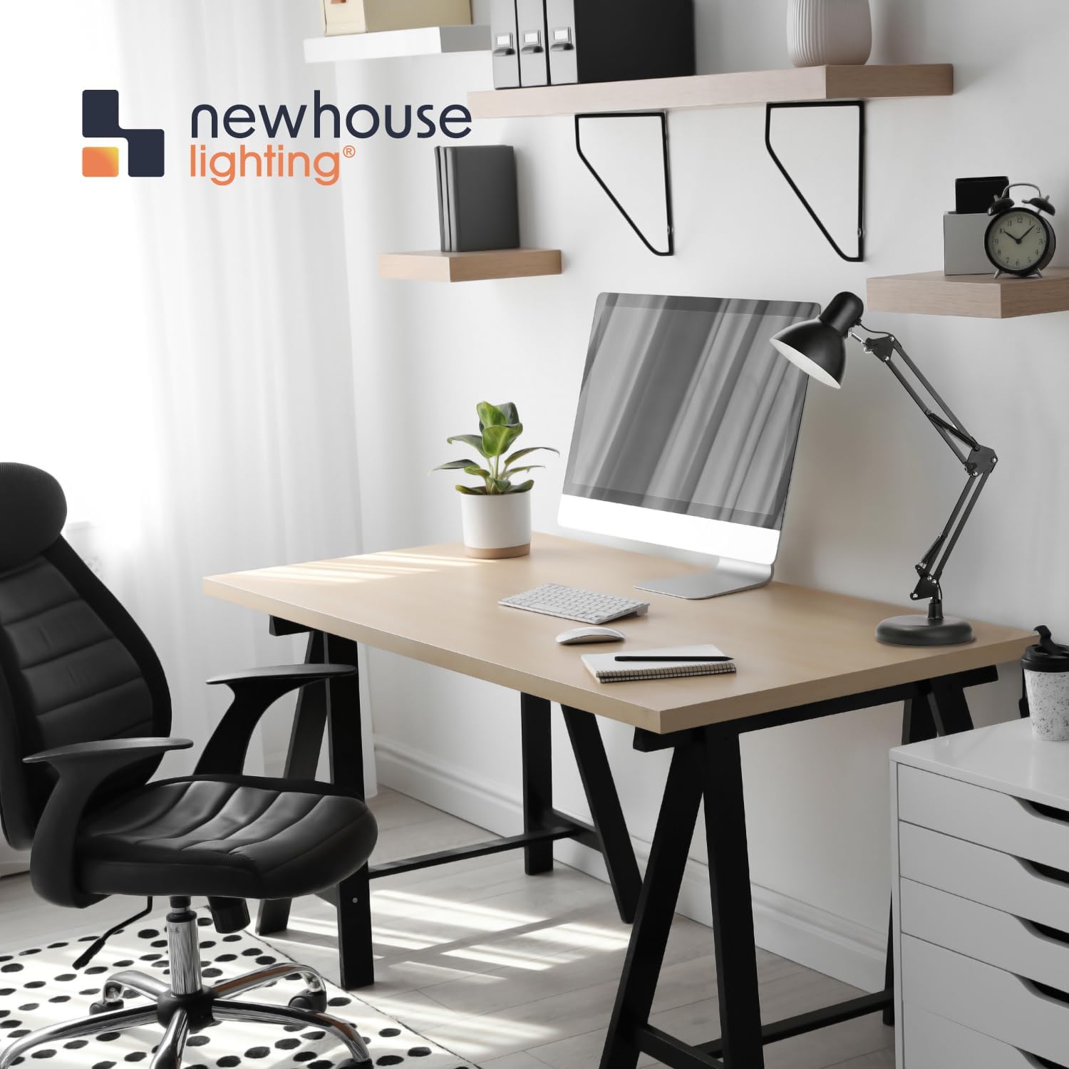 Newhouse Lighting 24-in. Wright Painted Black Metal Swing Arm Lamp with Weighted Base and Clamp NHDK-WR-BK, Tall Desk Lamp for Home Office or Home Improvement, Adjustable Office Desk Accessory