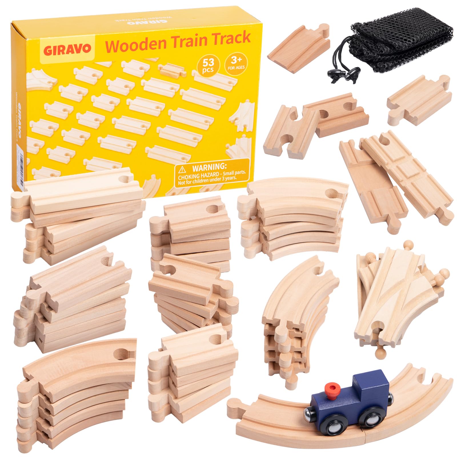 Wooden Train Track Set 53pcs, Wood Train Tracks Accessories Expansion Pack fits Melissa and Doug, fits Brio, fits Thomas, Montessori Toys, Birthday Gift for Boys Girls Toddler Kids (Train Track)