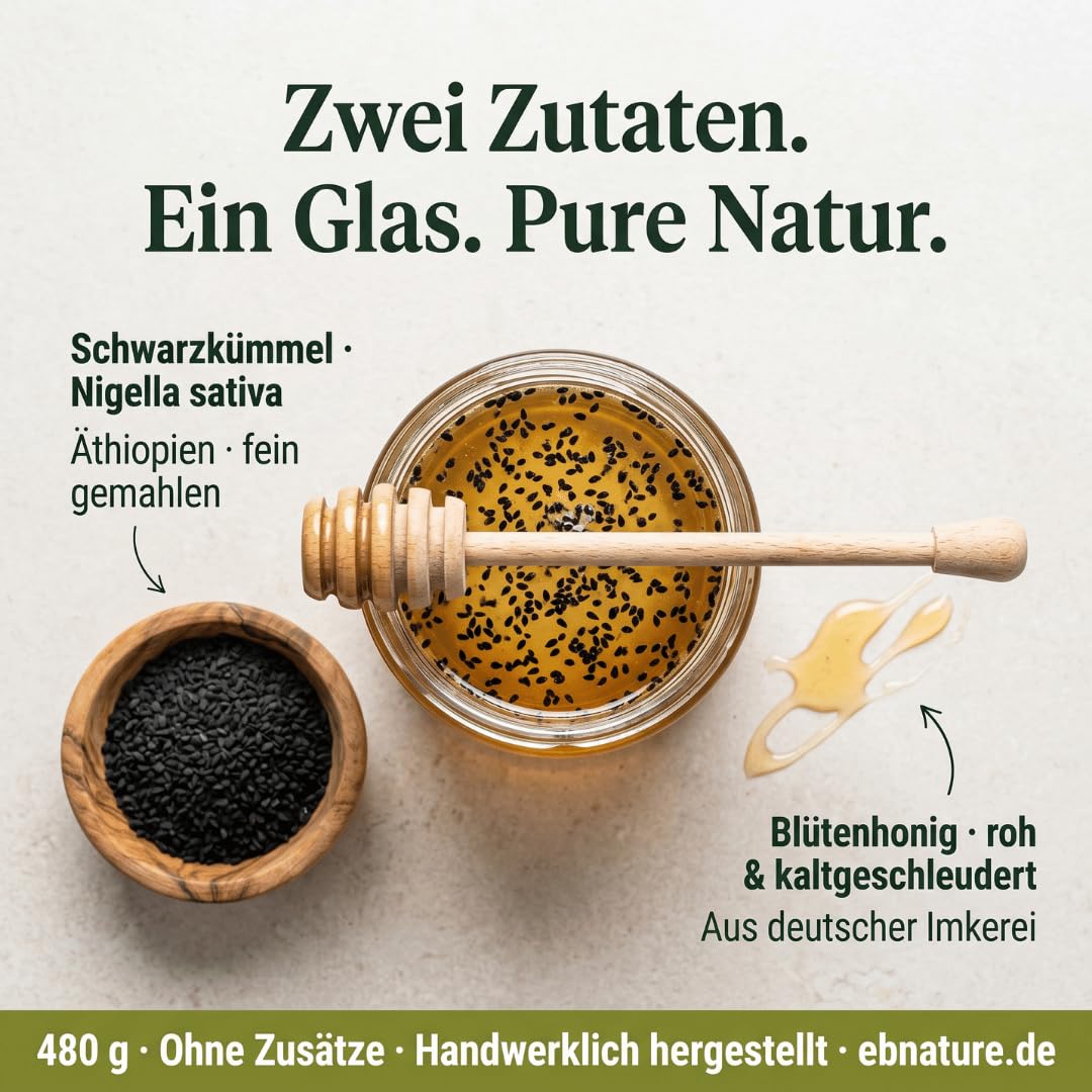 EB Nature Schwarzkümmel in Honig – Roher Blütenhonig mit gemahlenem Schwarzkümmel (Nigella sativa) – regional & ungefiltert, ohne Zusatzstoffe, im Glas – 480 g (3er Pack)