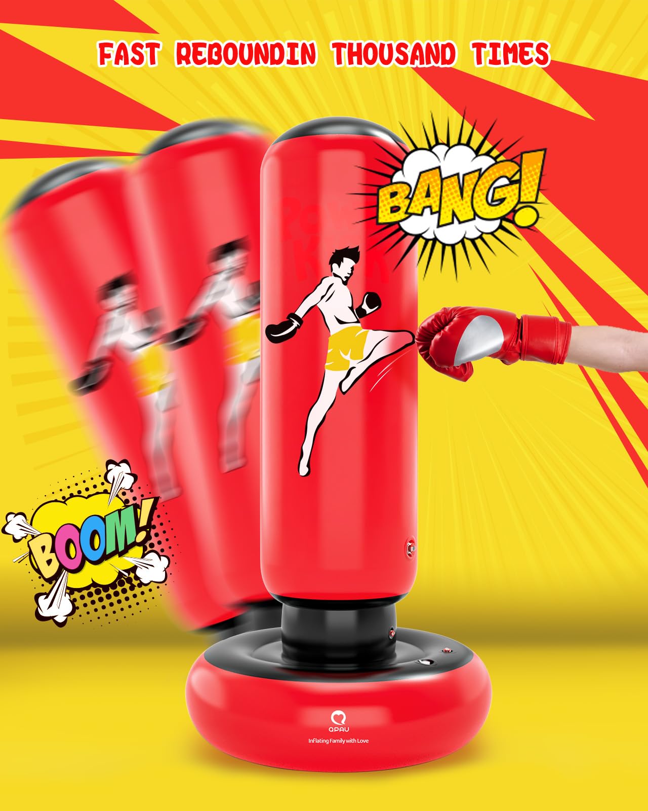 QPAU Kids Punching Bag, 166cm Stable Inflatable Punching Bag with Boxing Gloves, Standard Punching Bag for Kids for Boys and Girls 6-12 Years, Boxing Set for Practicing Karate