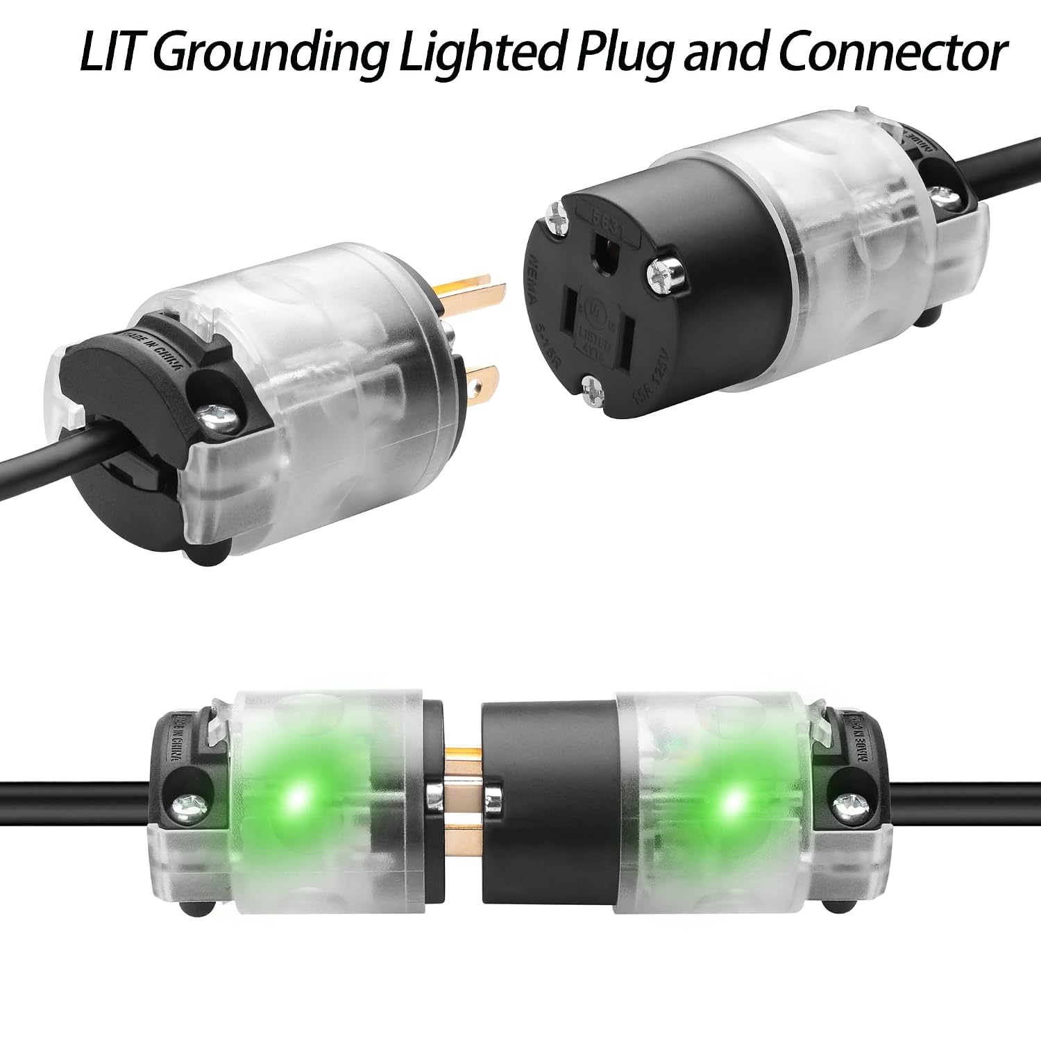 LIT Grounding Lighted Plug and Connector,15 Amp 125 Volt NEMA 5-15R Extension Cord Replacement Ends Connector Outlet,2 Pole 3 Wire Grounding Straight Blade Cord End Replacement (NEMA 5-15R)